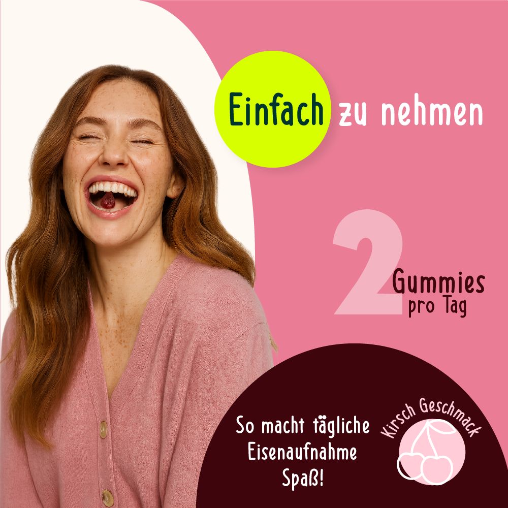 Frau lacht und hält ein Gummibärchen im Mund. Text: Einfach zu nehmen. 2 Gummis pro Tag. So macht tägliche Eisenaufnahme Spaß!