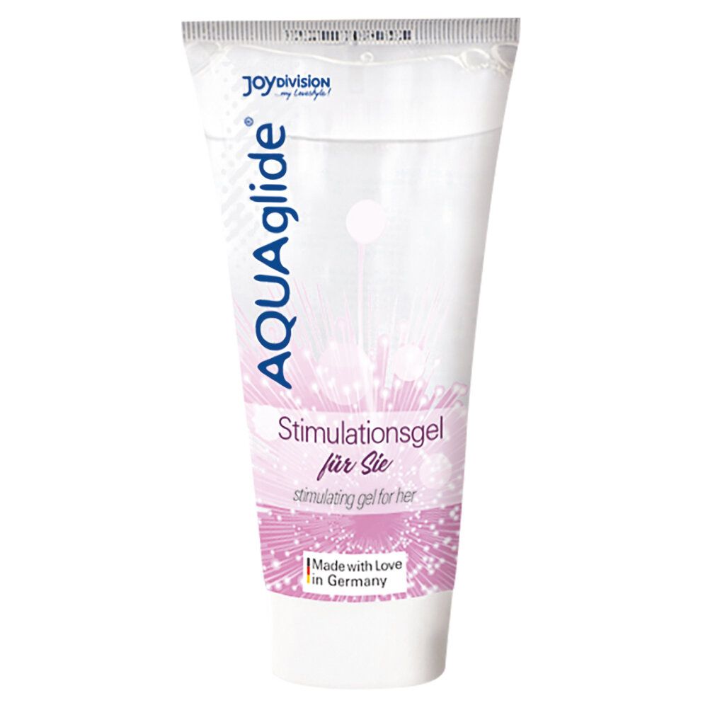 AQUAglide Stimulationsgel für Sie, transparente Tube. Rosa Design, weißer Verschluss. Joydivision Logo.