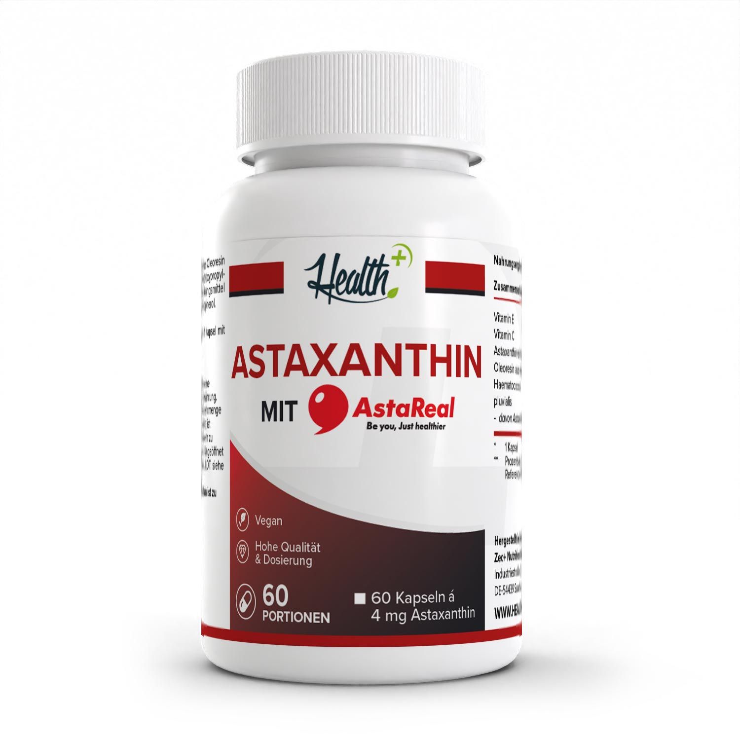 Weiße Flasche mit rotem Etikett. Aufschrift: ASTAXANTHIN MIT AstaReal. 60 Kapseln. Vegan. Health+ Logo.