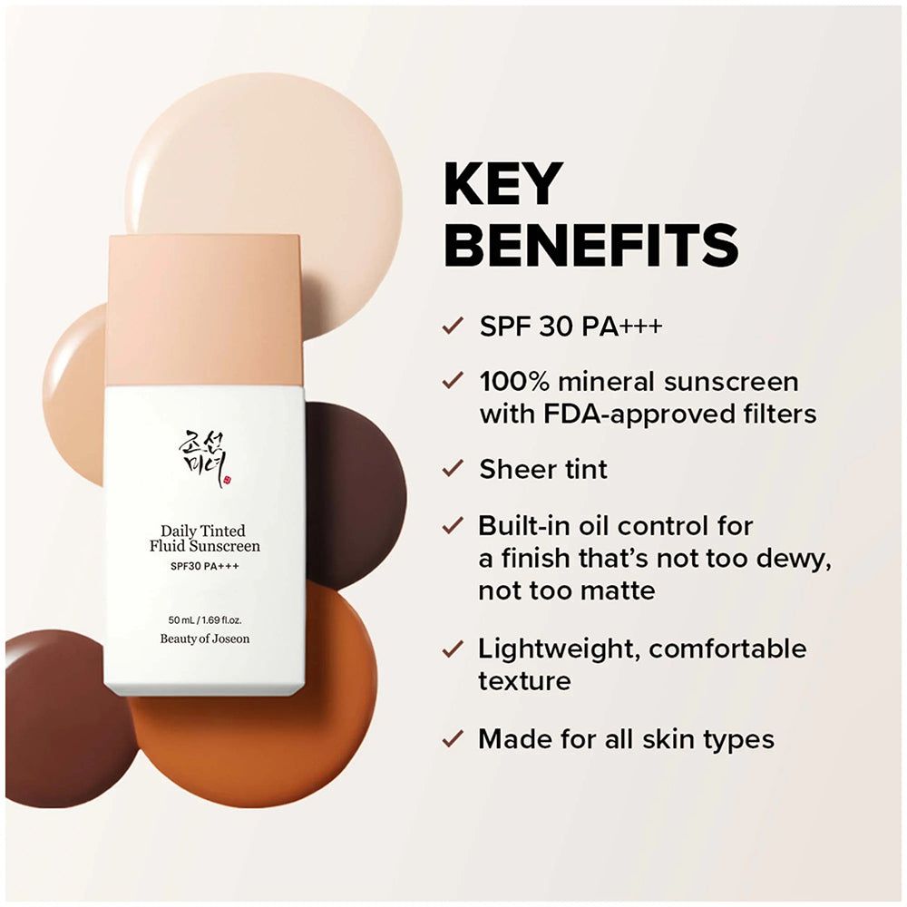 BEAUTY OF JOSEON Daily Tinted Fluid Sunscreen SPF30 PA+++, 50ml, umgeben von Farbproben.