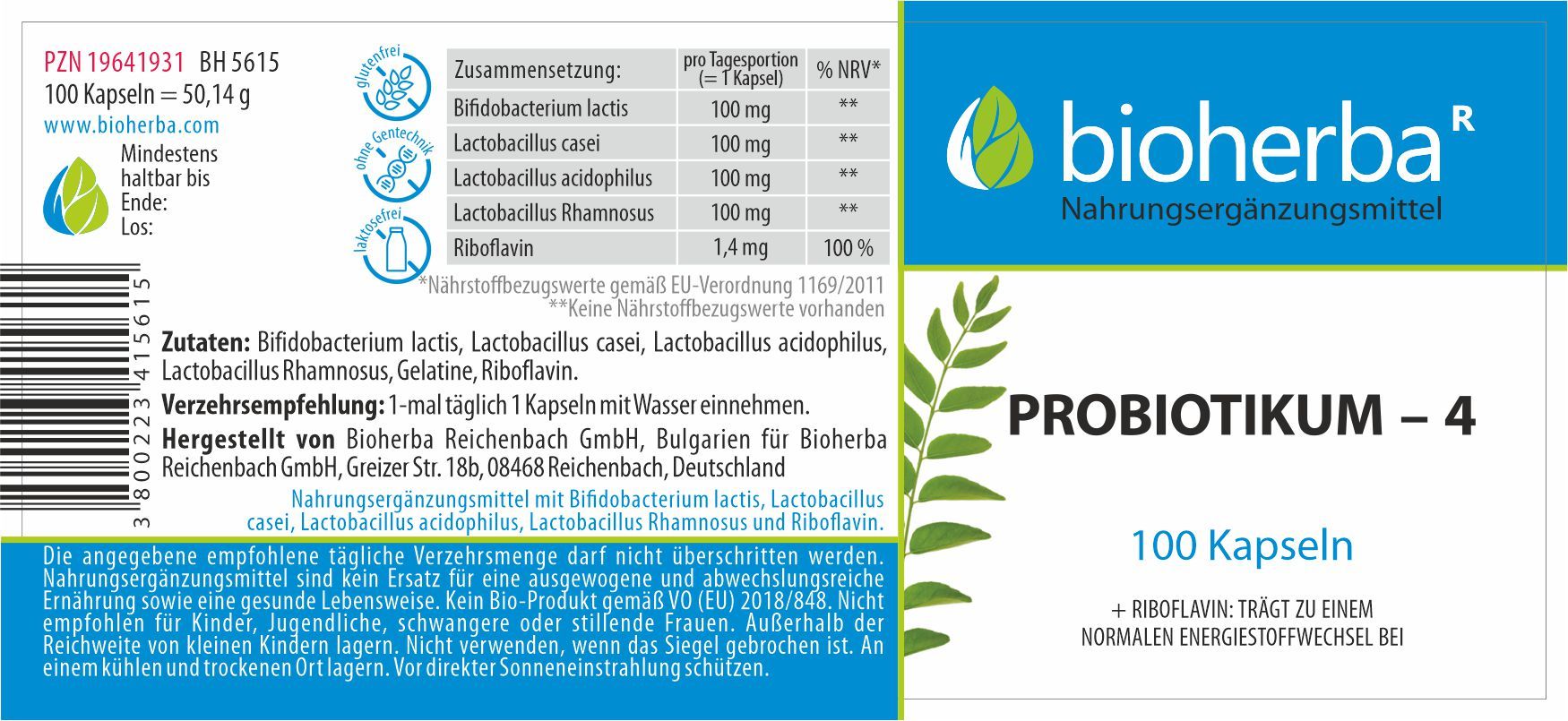 Etikett von Bioherba Probiotikum-4. Enthält Informationen zu Inhaltsstoffen, Dosierung und Hersteller. 100 Kapseln.