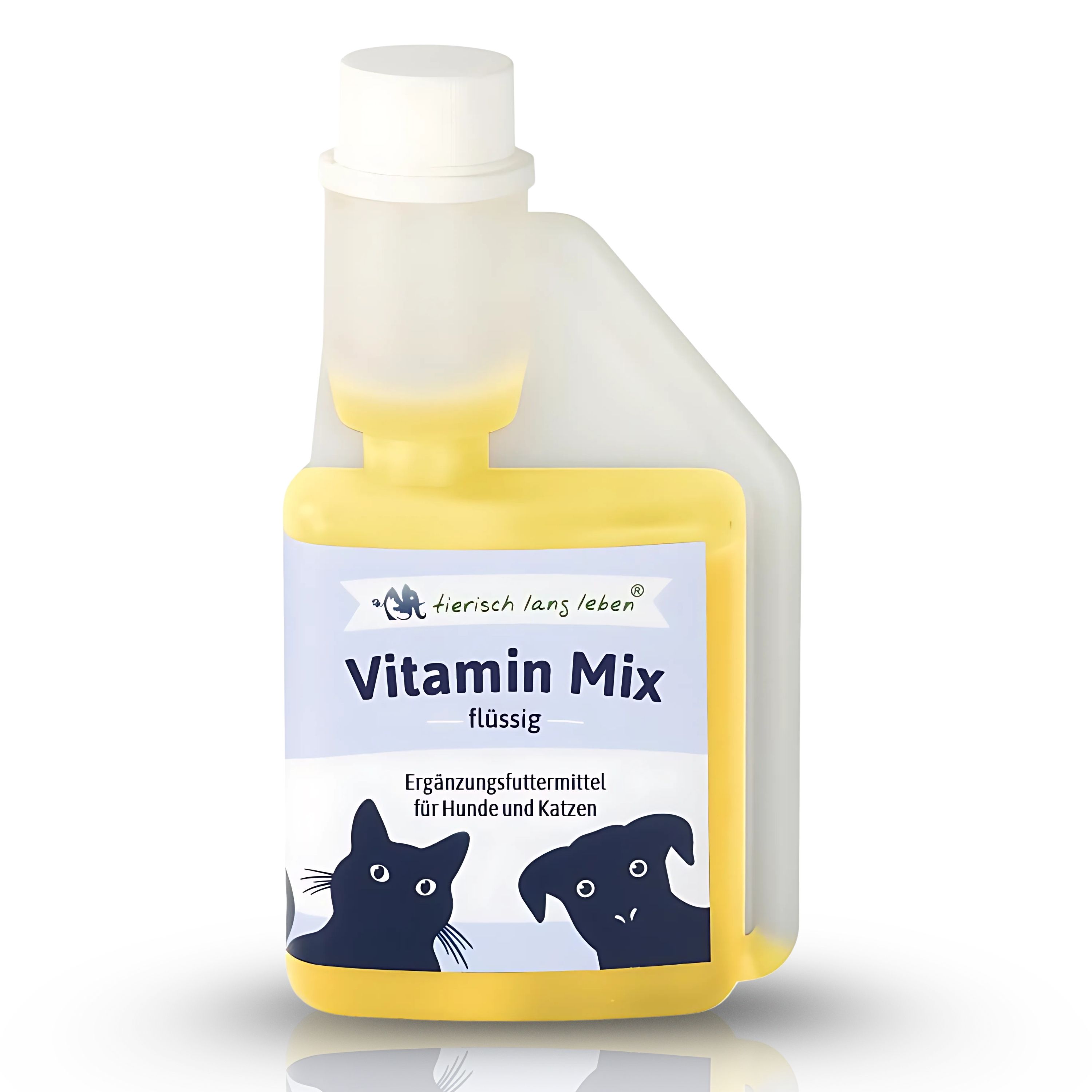 Vitamin Mix flüssig für Hunde und Katzen. Gelbe Flüssigkeit in einer Flasche mit weißem Deckel. Etikett mit Katzen- und Hunde-Silhouette.