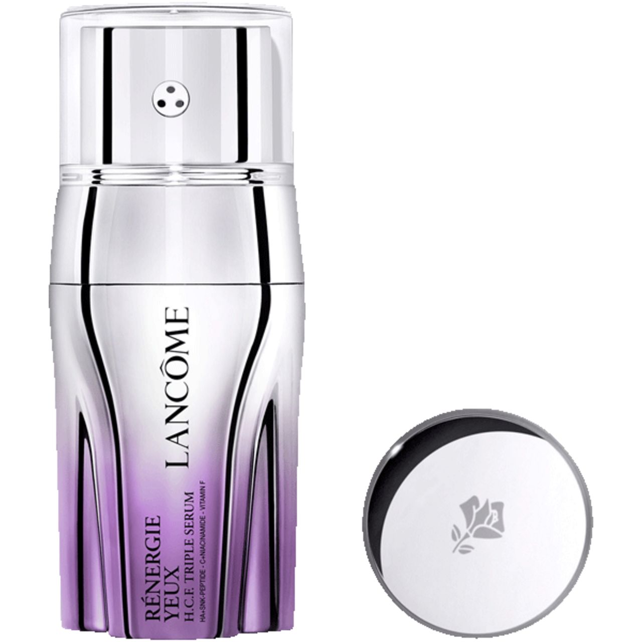 Lancôme Rénergie Yeux H.C.F. Triple Serum. Flakon mit Deckel. Lila-silberfarbenes Design. Logo und Produktname sichtbar.