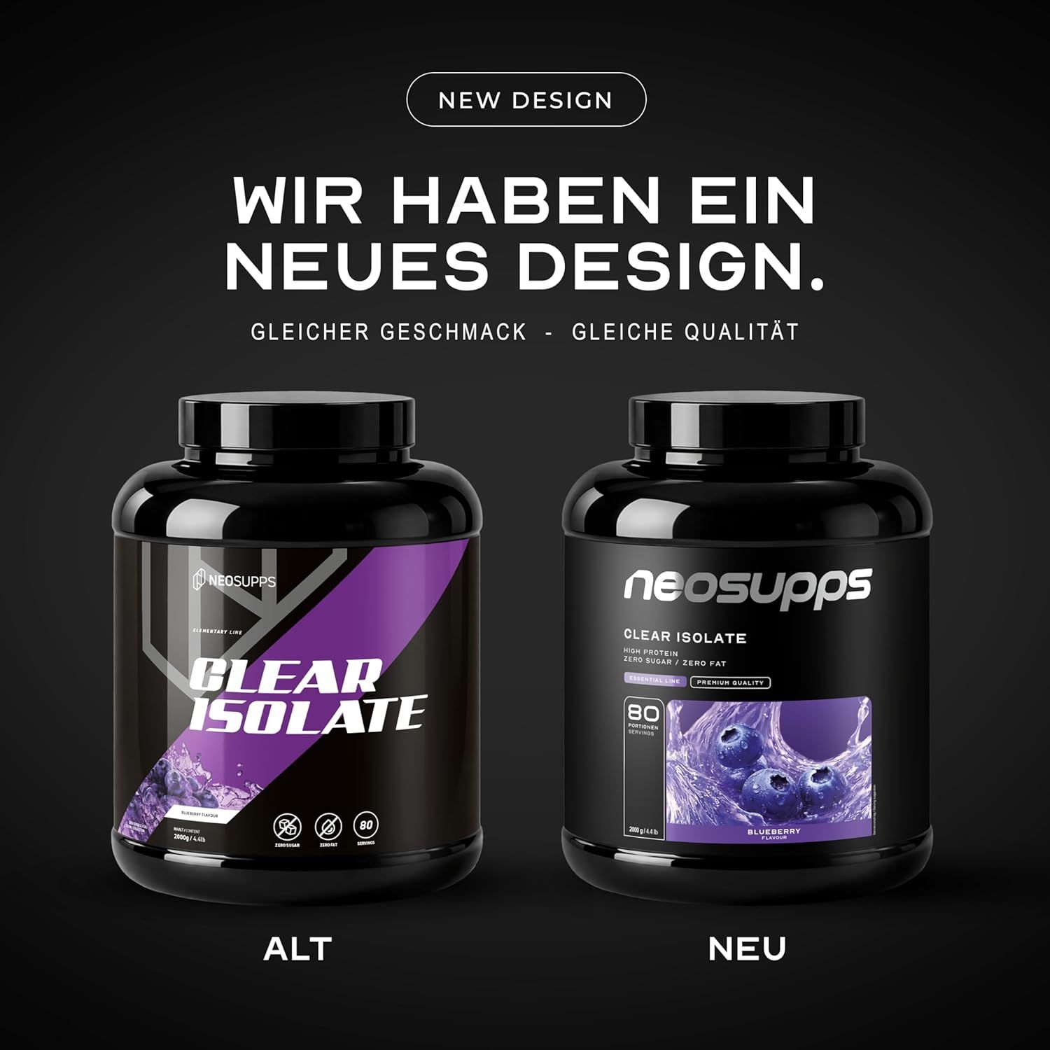 Vergleich von altem und neuem Design des Neosupps Clear Isolate Protein Pulver Behälters.