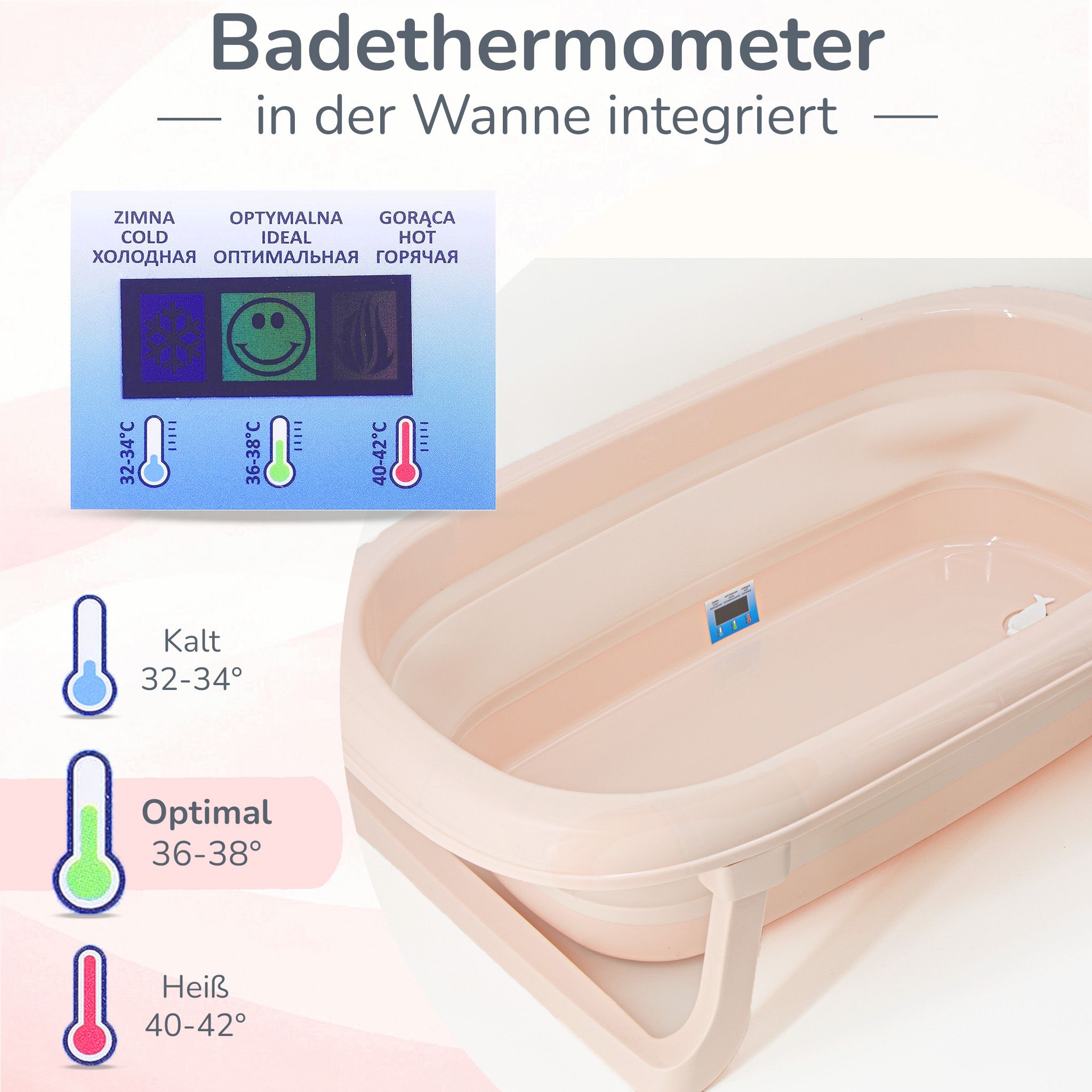 Faltbare Babybadewanne - Klappbare Baby Wanne mit integriertem Thermometer und Abfluss