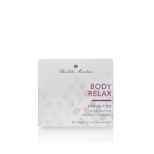 Weiße quadratische Verpackung. Aufschrift BODY RELAX, BODYBUTTER, BEURRE CORPOREL. Charlotte Meentzen Logo.