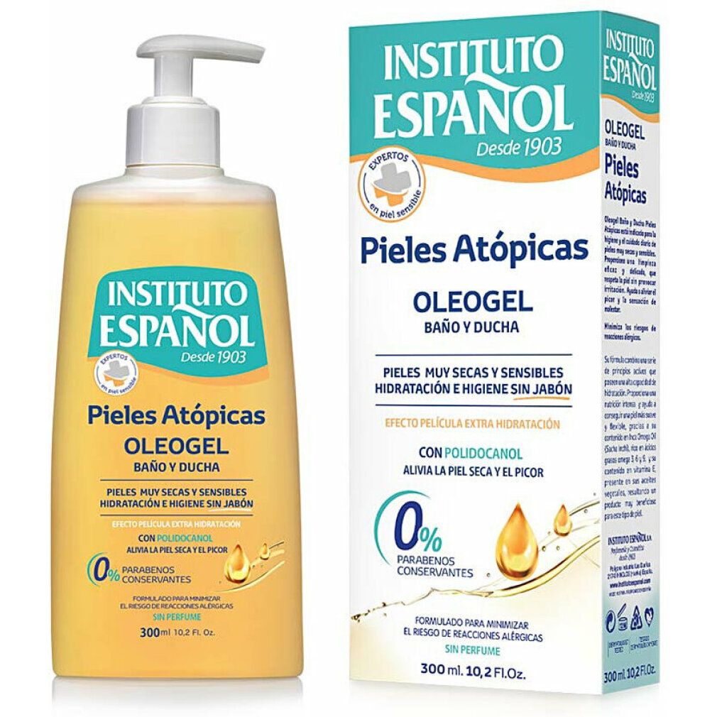 Instituto Español Pelle Atopica Oleogel, Flasche und Verpackung. Gelbe Flüssigkeit, weißer Spender. Text: Pieles Atópicas, 0% Parabene.