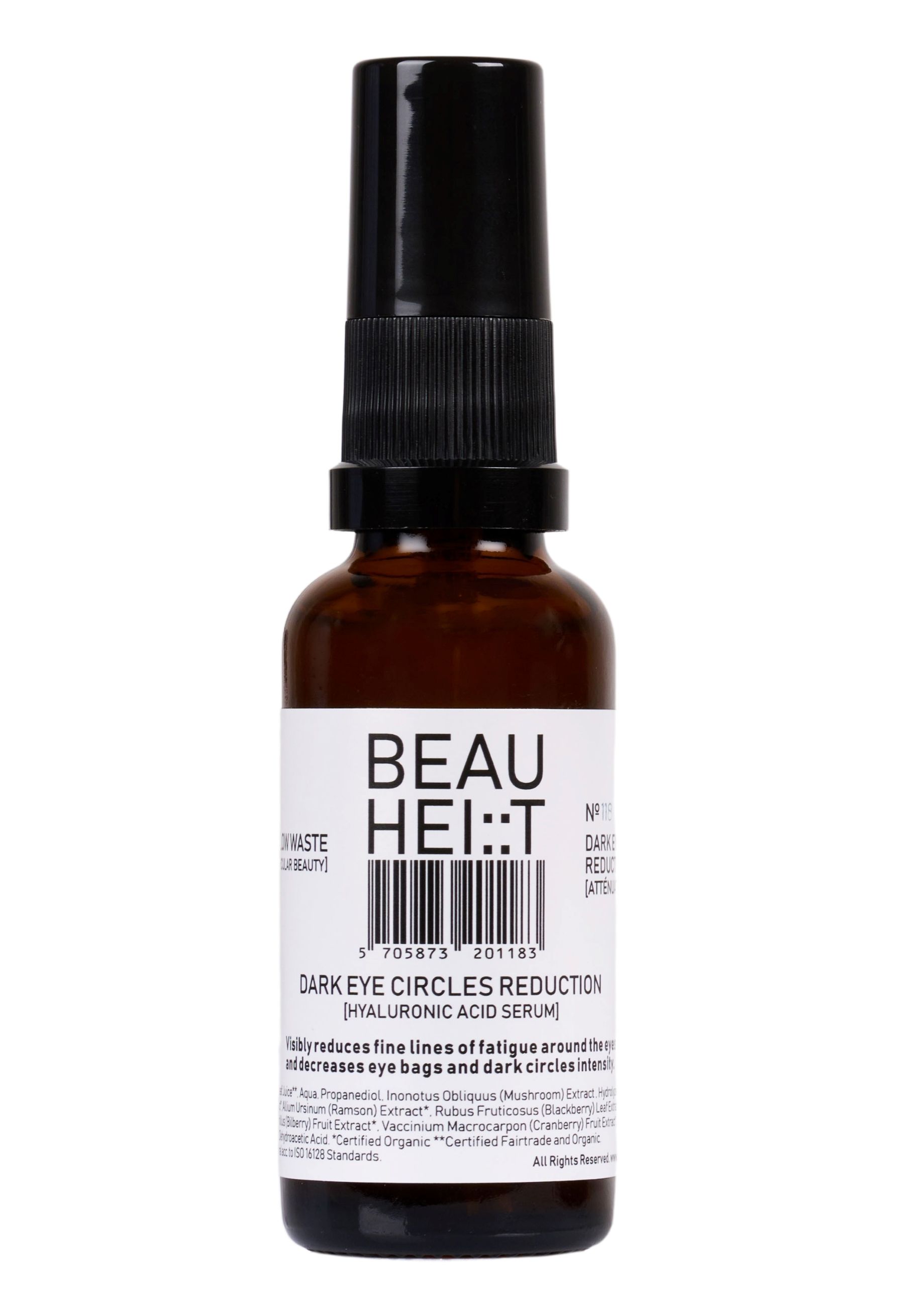 Braune Glasflasche mit schwarzem Sprühkopf. Beschriftung: BEAUHEIT Dark Eye Circles Reduction Hyaluronserum.