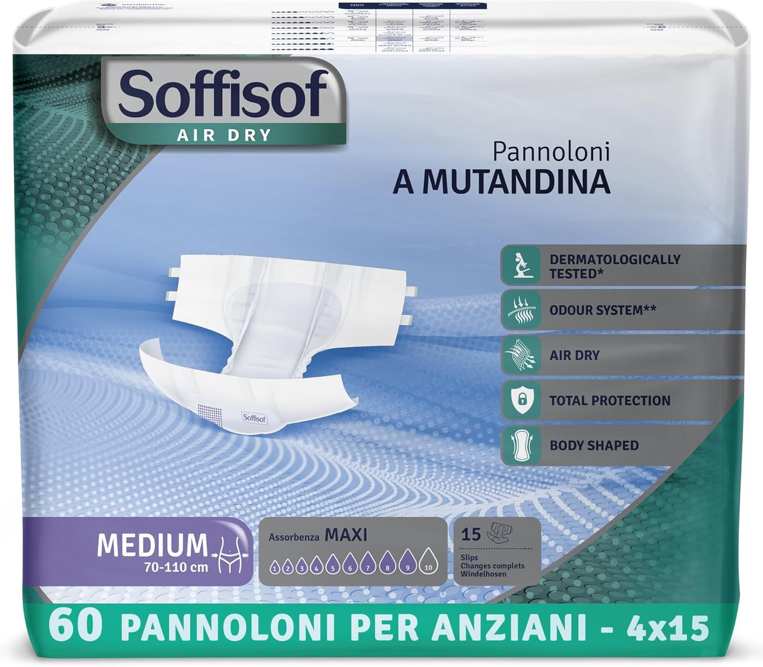 Verpackung mit Soffisof Air Dry Windeln für Erwachsene Maxi. Medium, 70-110 cm, 60 Stück. Mit Produktmerkmalen.