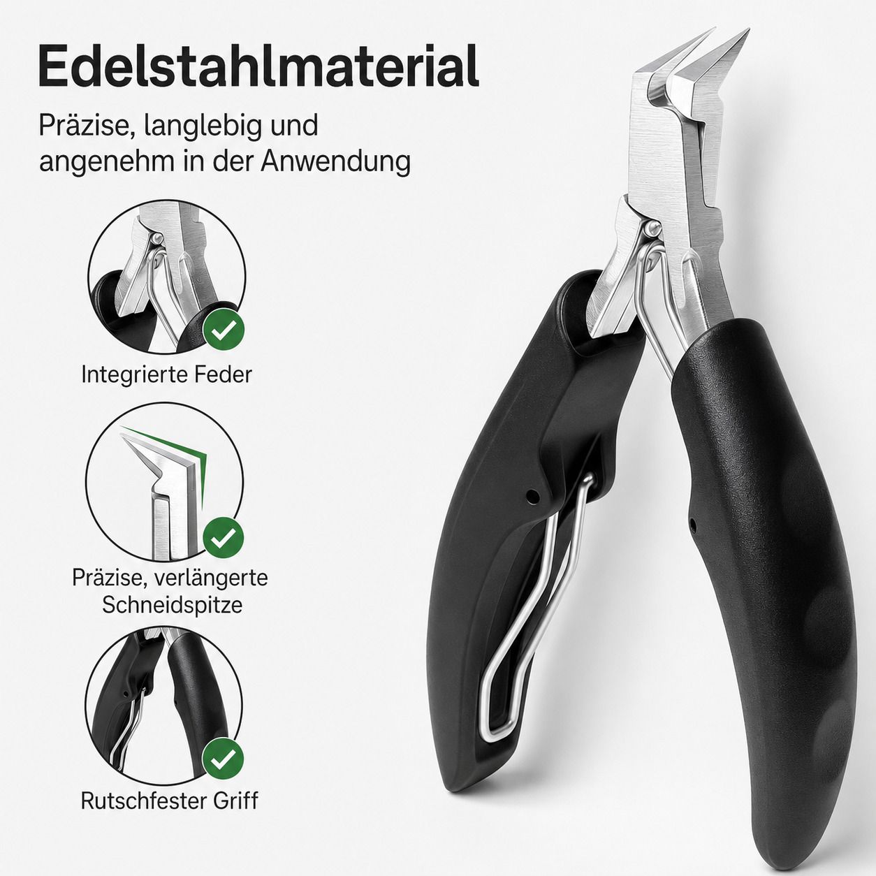 Nagelzange aus Edelstahl: integrierte Feder, präzise Spitze, rutschfester Griff.