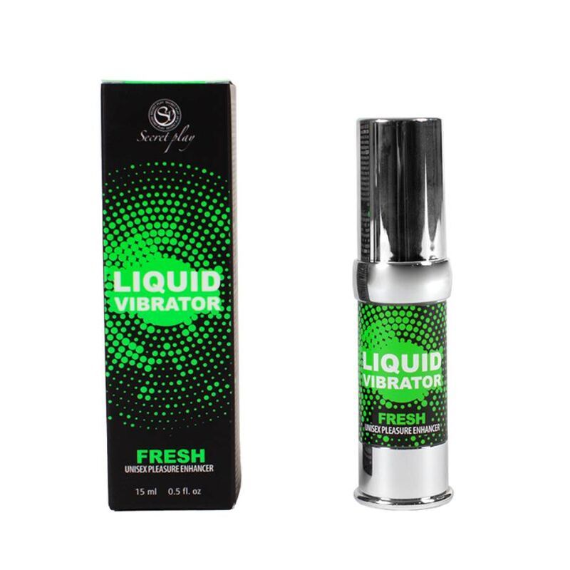 Produkt und Verpackung. Aufschrift: LIQUID VIBRATOR FRESH. Schwarze Verpackung mit grünem Design und Produkt daneben.