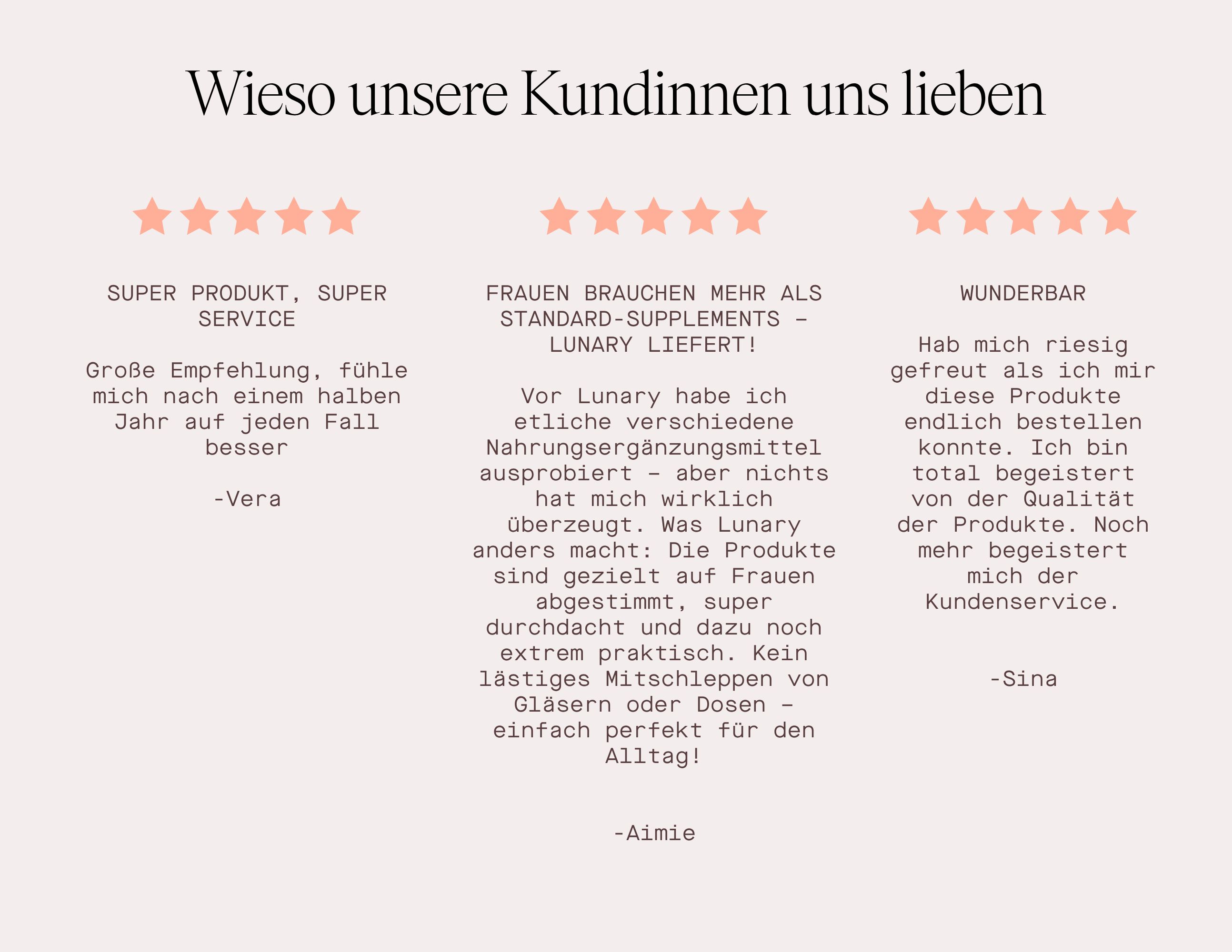 Text: Wieso unsere Kundinnen uns lieben. Zitate von Kundinnen. Super Produkt. Wunderbar. Frauen brauchen mehr.