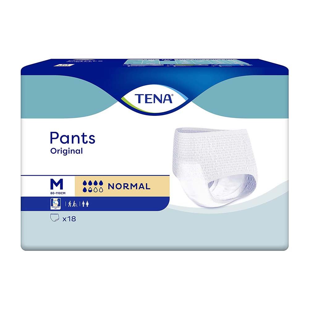 Verpackung mit TENA Pants Original Normal M. Weiße Inkontinenzhose, Größe M, mit Saugstärke-Indikator. Marke TENA.
