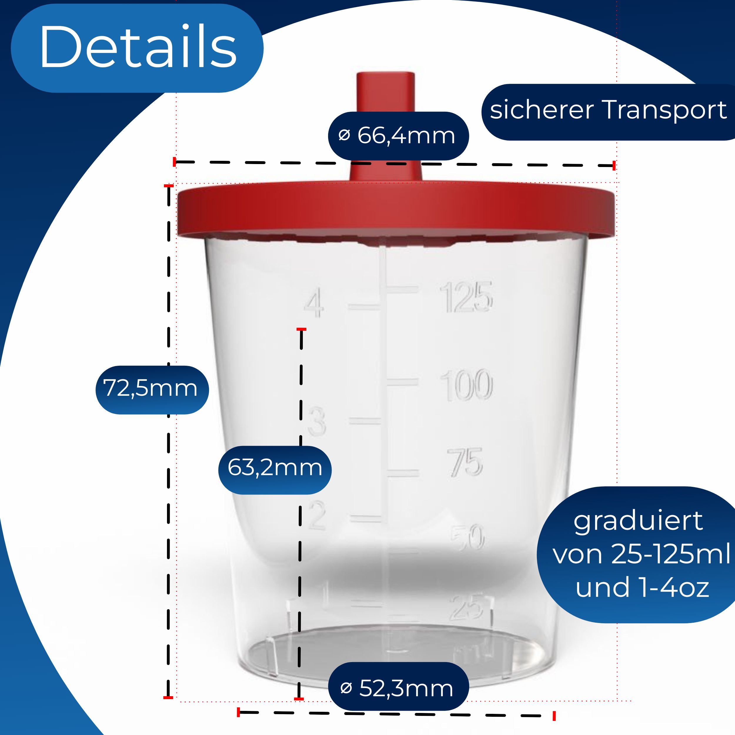 Transparenter Becher mit rotem Deckel. Maße: 66,4 mm Durchmesser, 72,5 mm Höhe, 63,2 mm Höhe, 52,3 mm Durchmesser.