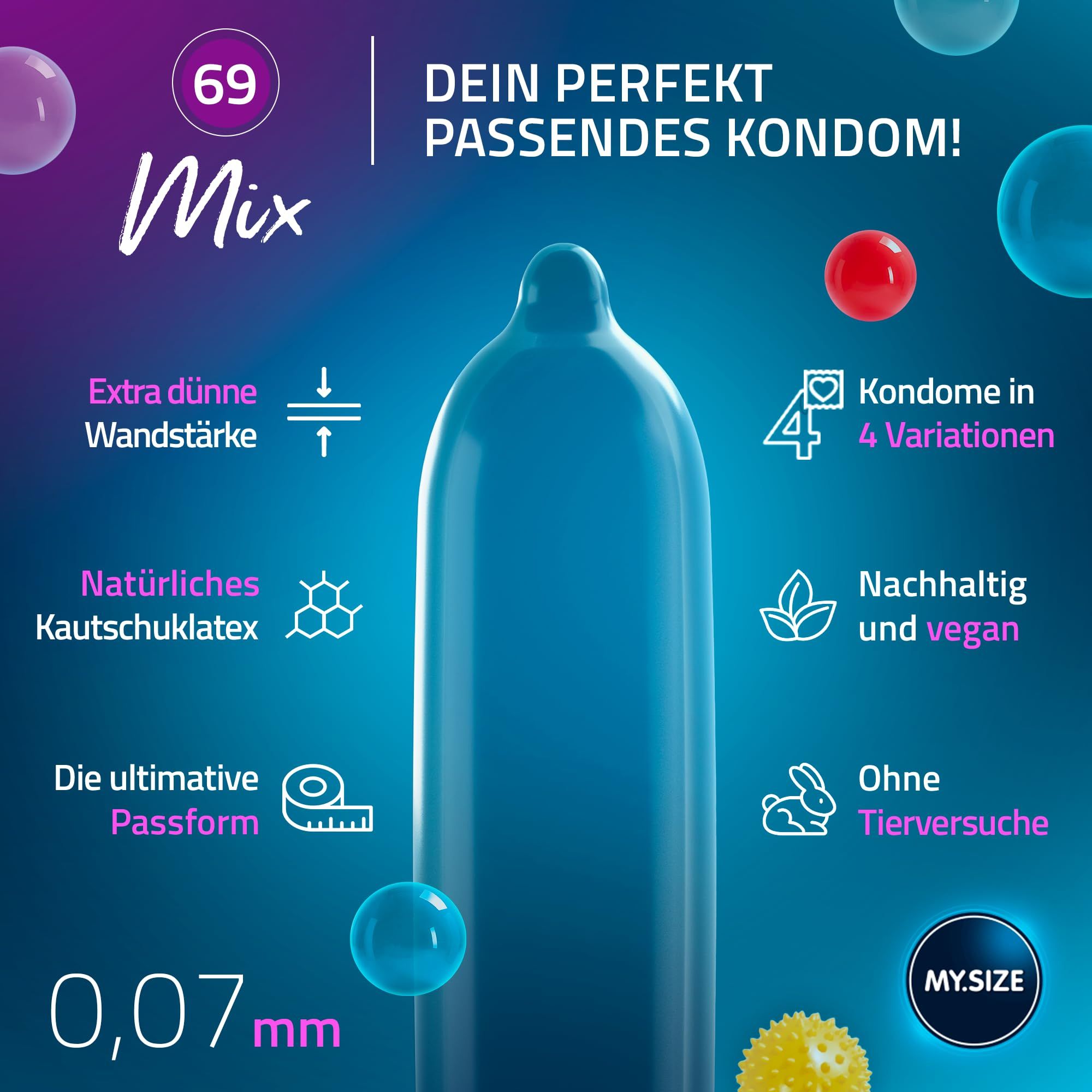 MY.SIZE Kondome Mix 69mm. 4 Variationen: Classic, Colour, Flavour, Ribbed. FSC zertifiziert.