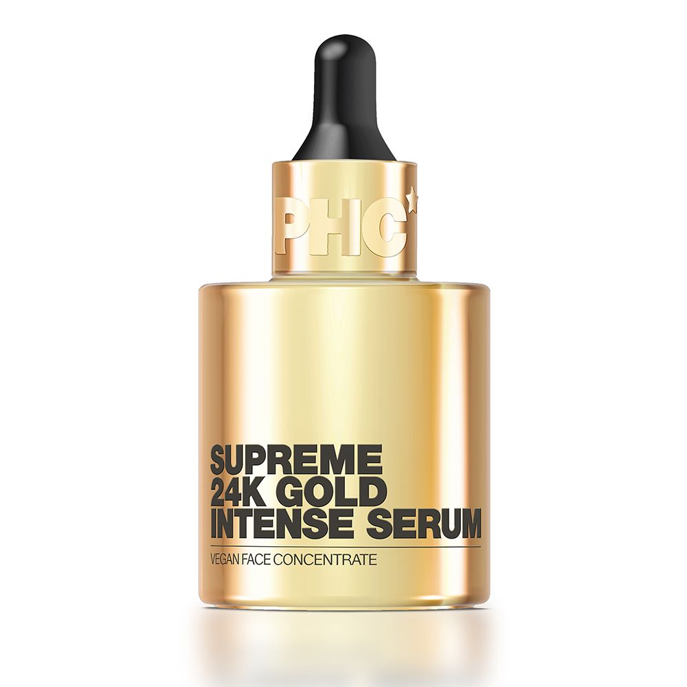 Goldfarbene Serumflasche mit schwarzem Tropfer. Aufschrift: Supreme 24K Gold Intense Serum. Vegan Face Concentrate. PHC-Logo.