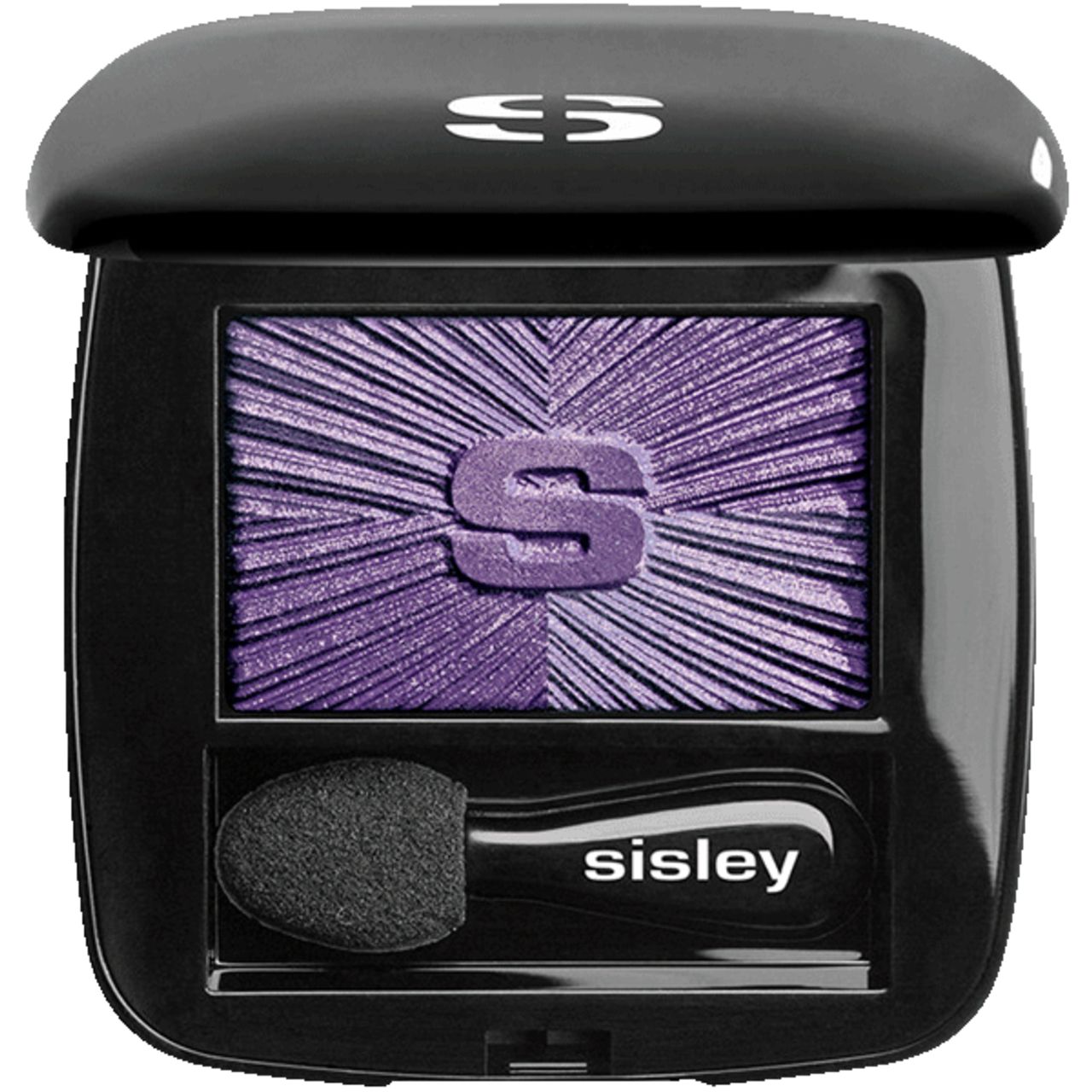 Schwarzer Lidschatten-Kompakt mit lila Lidschatten und Pinsel. Marke Sisley. Deckel mit Logo.