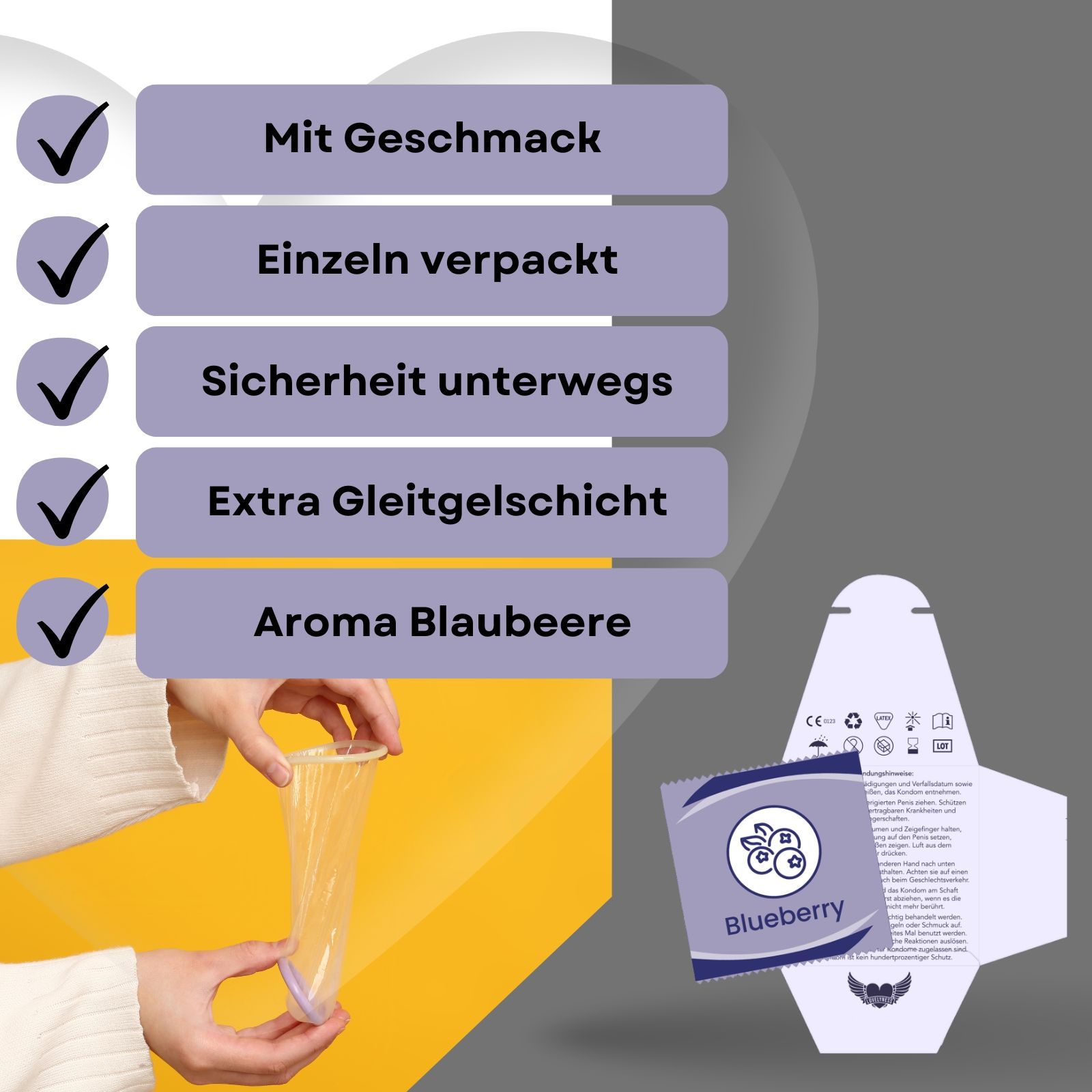 Kondom mit Blaubeere-Geschmack. Einzeln verpackt. Für Sicherheit unterwegs. Extra Gleitgel.