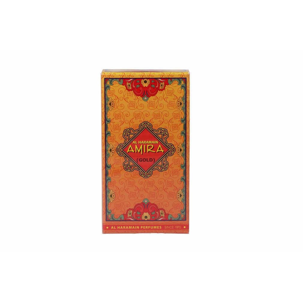 Rechteckige Verpackung mit floralen Mustern und arabischer Schrift. Text: Al Haramain, Amira (Gold).
