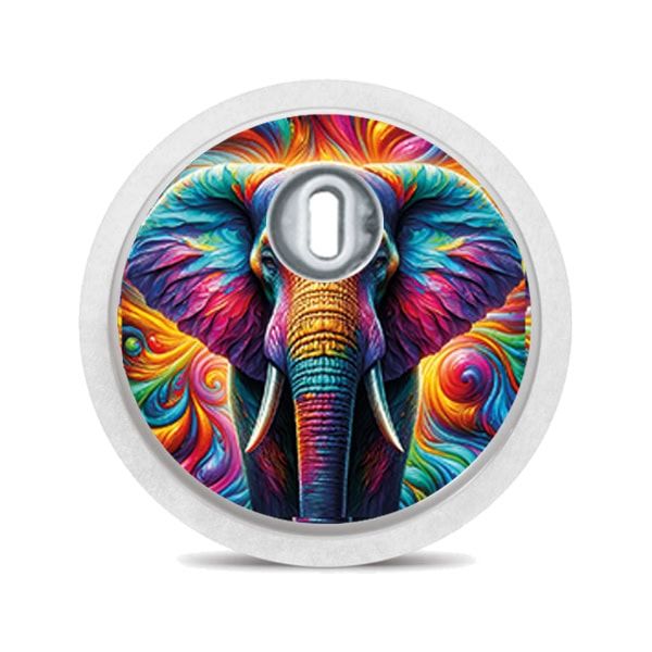 Runder Aufkleber mit einem Elefanten-Gesicht. Bunte Farben. Der Aufkleber hat eine Aussparung für den Sensor.