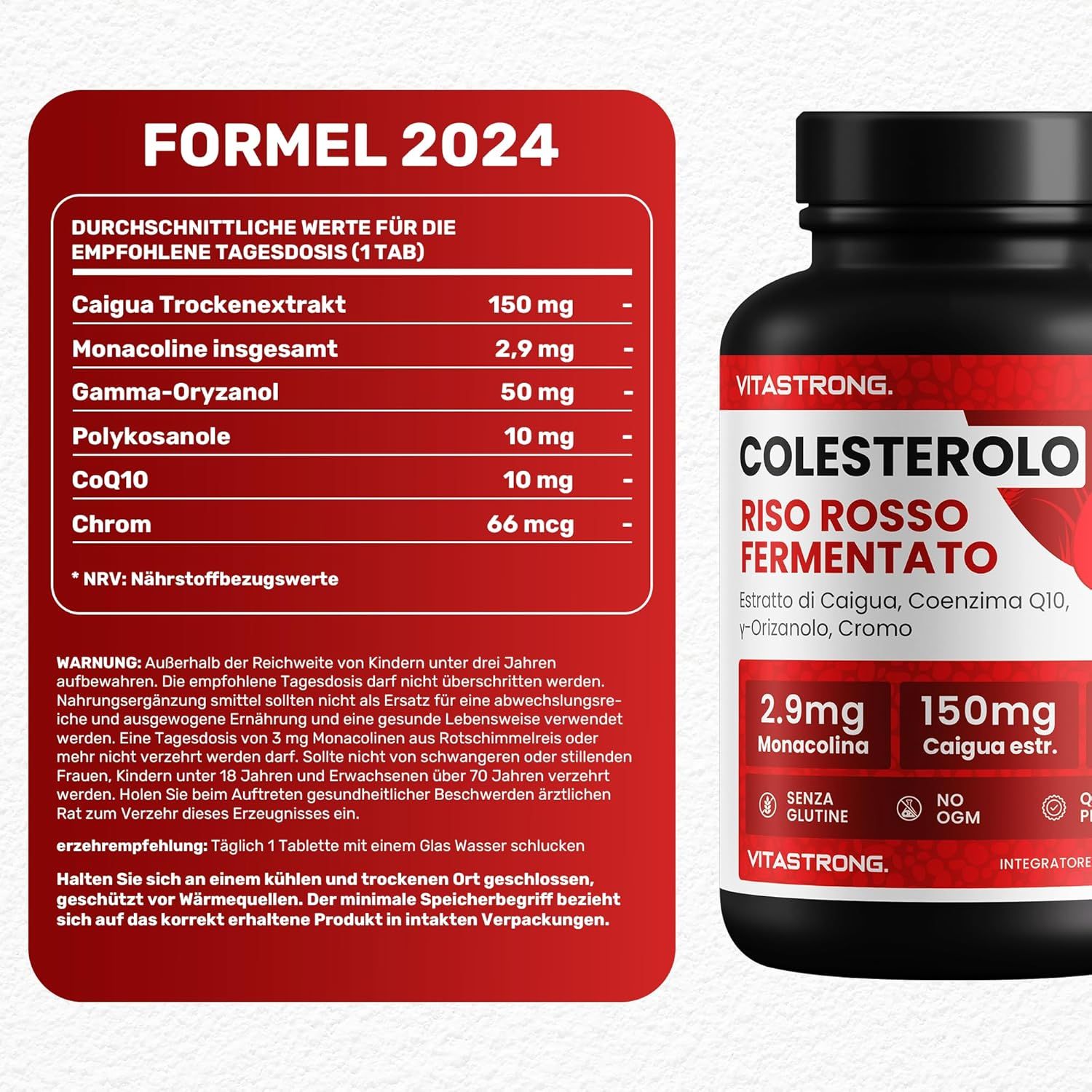 Rote Karte mit Inhaltsstoffen und Flasche. Text: Formel 2024, Caigua Trockenextrakt, Monacoline, Gamma-Oryzanol, Chrom.