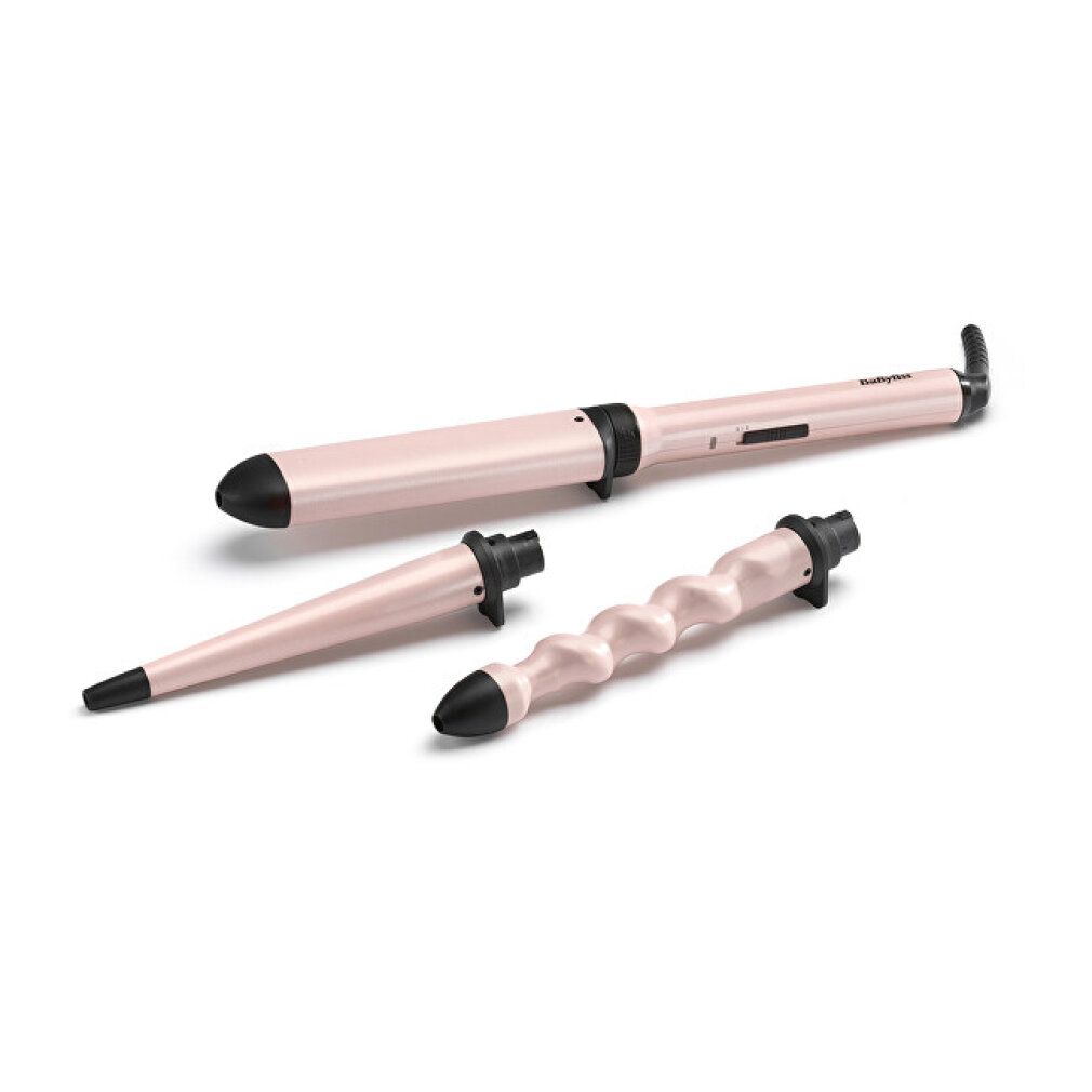 Drei Lockenstab-Aufsätze in Rosa und Schwarz. Verschiedene Formen: konisch, gewellt und zylindrisch. Schwarze Griffe.