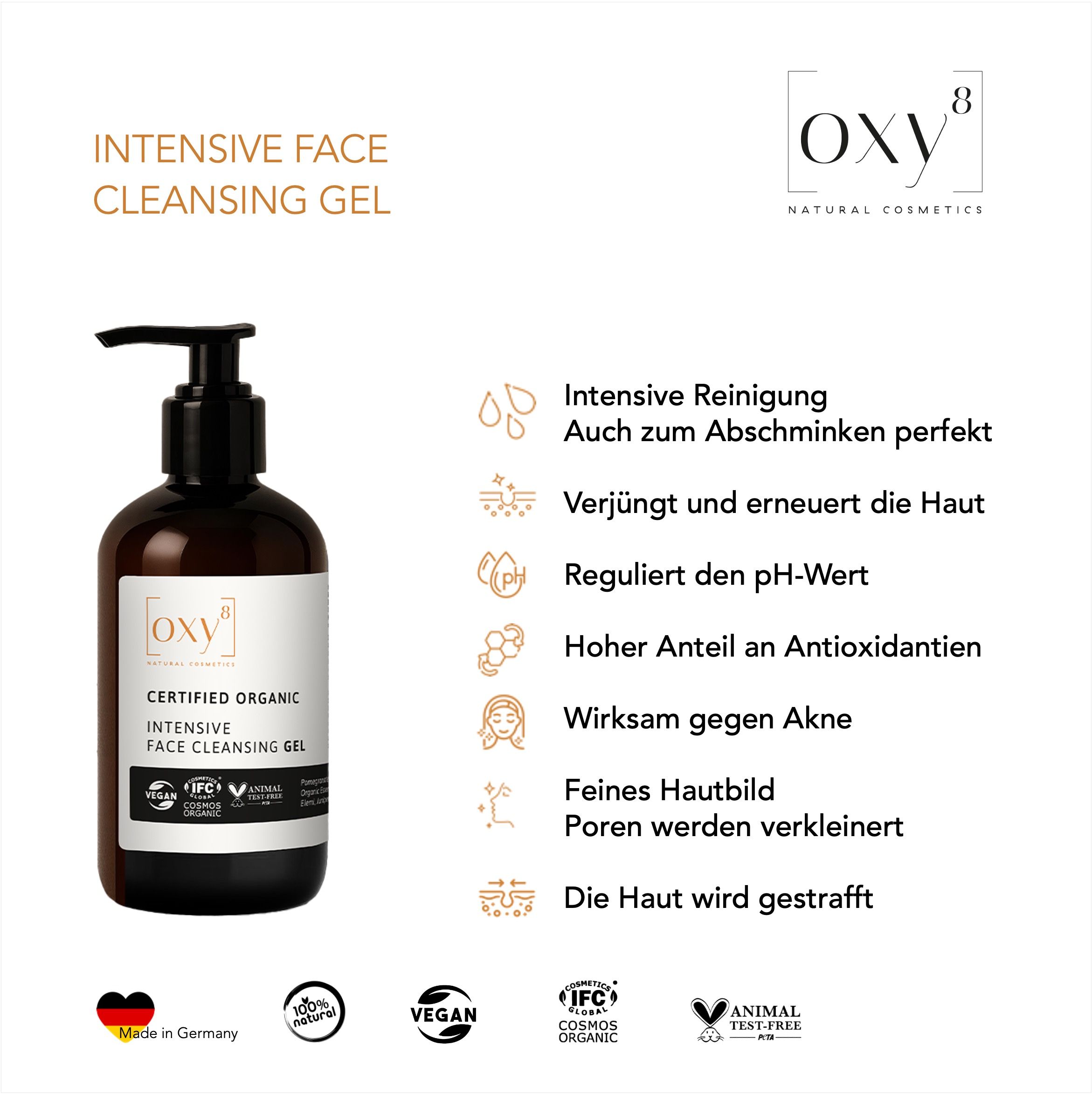 Eine Flasche Reinigungs-Gel mit Pumpe. Braune Flasche mit weißem Etikett. Text: OXY8, Certified Organic, Vegan.