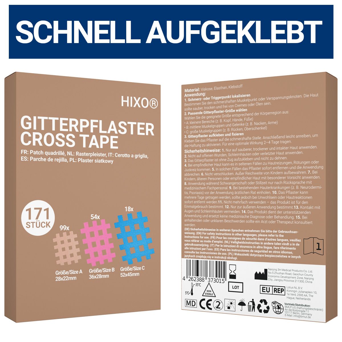 Vorder- und Rückseite der HIXO Gitterpflaster Cross Tape Packung. Enthält 171 Stück.