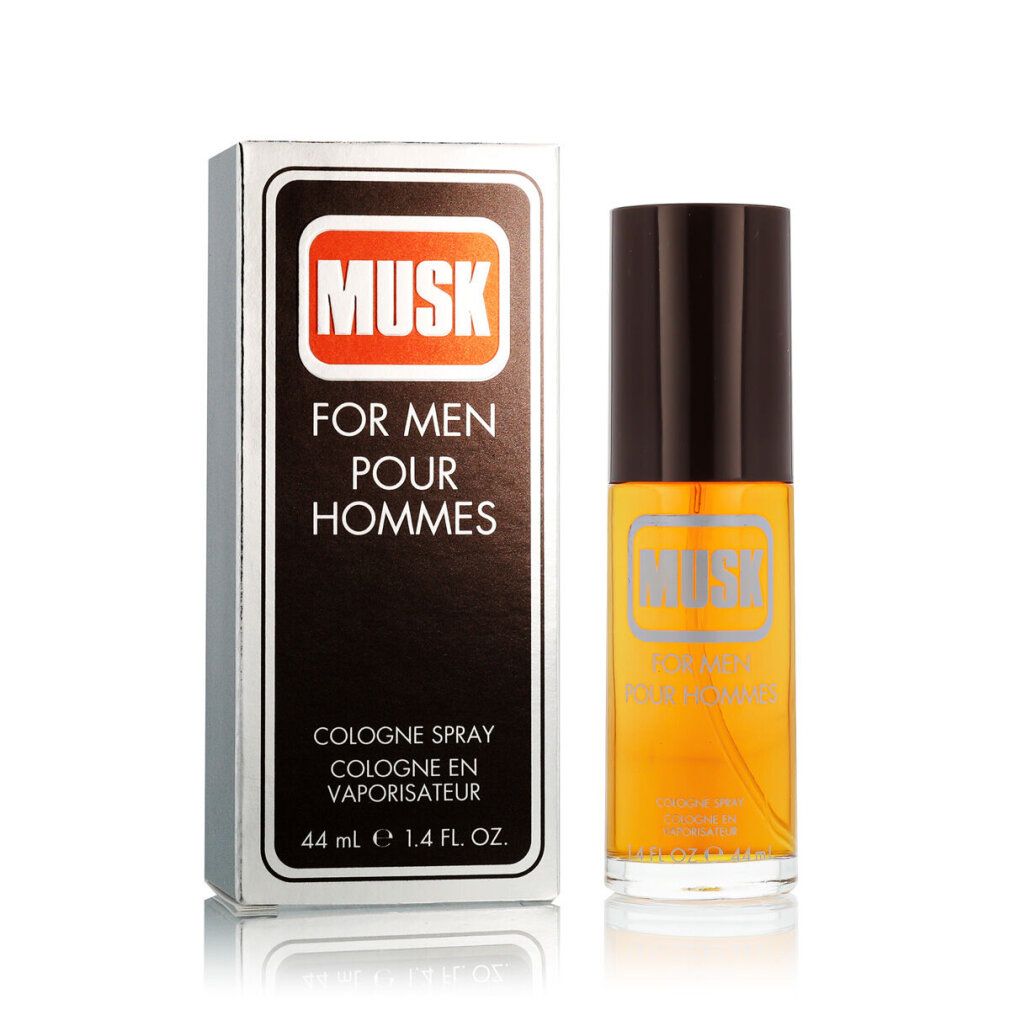 Coty Musk for Men Eau de Cologne Spray. Flakon und Verpackung. Rechteckige Verpackung, weiß-schwarz. Flakon zylindrisch, brauner Deckel.