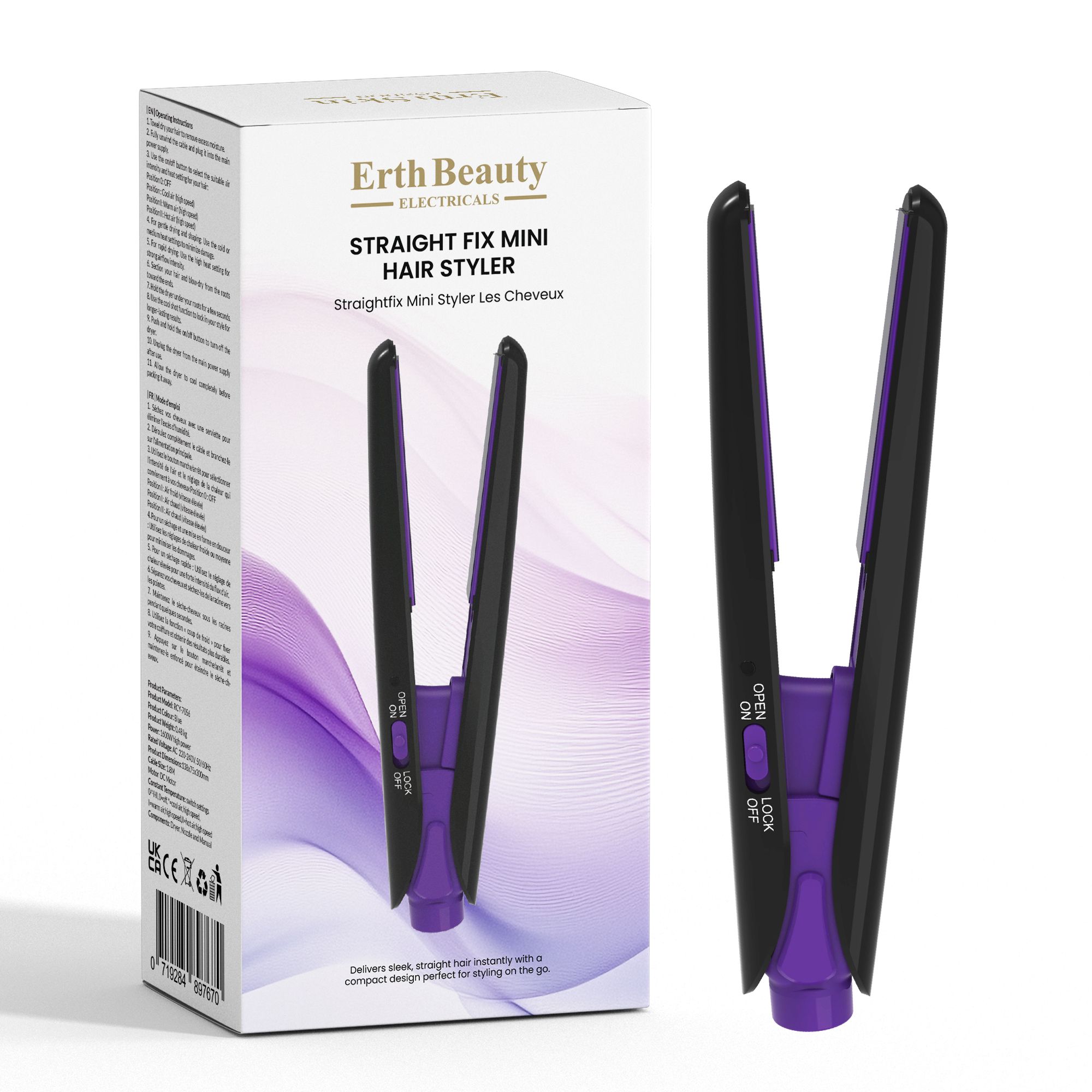 Haarstyler und Verpackung. Schwarz-lila Mini-Haarstyler. Text: Straight Fix Mini Hair Styler. Marke: Erth Beauty Electricals.