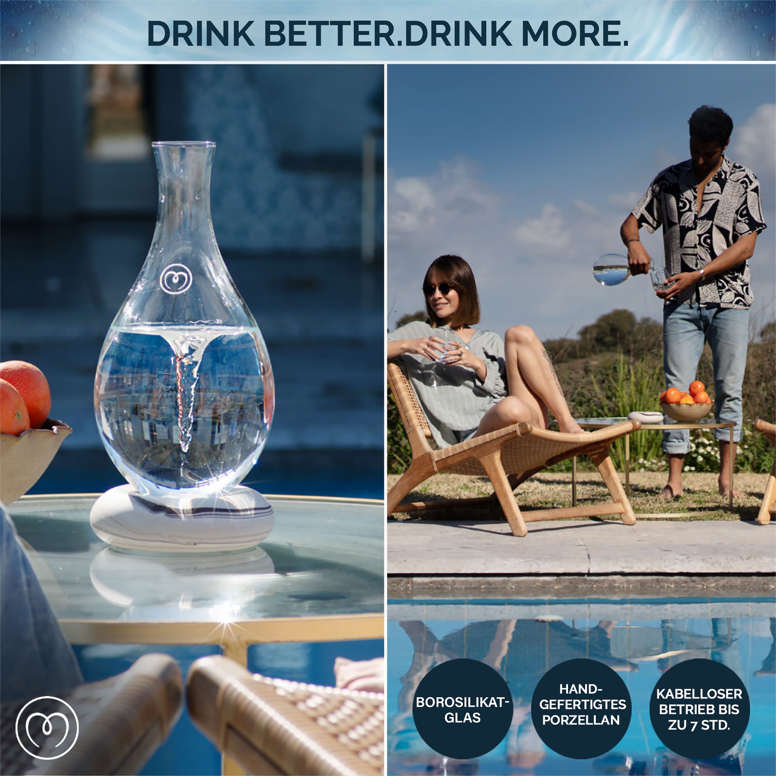 MAYU Water Swirl im Freien. Zwei Personen. Text: Drink Better. Drink More. Borosilikatglas, kabelloser Betrieb.
