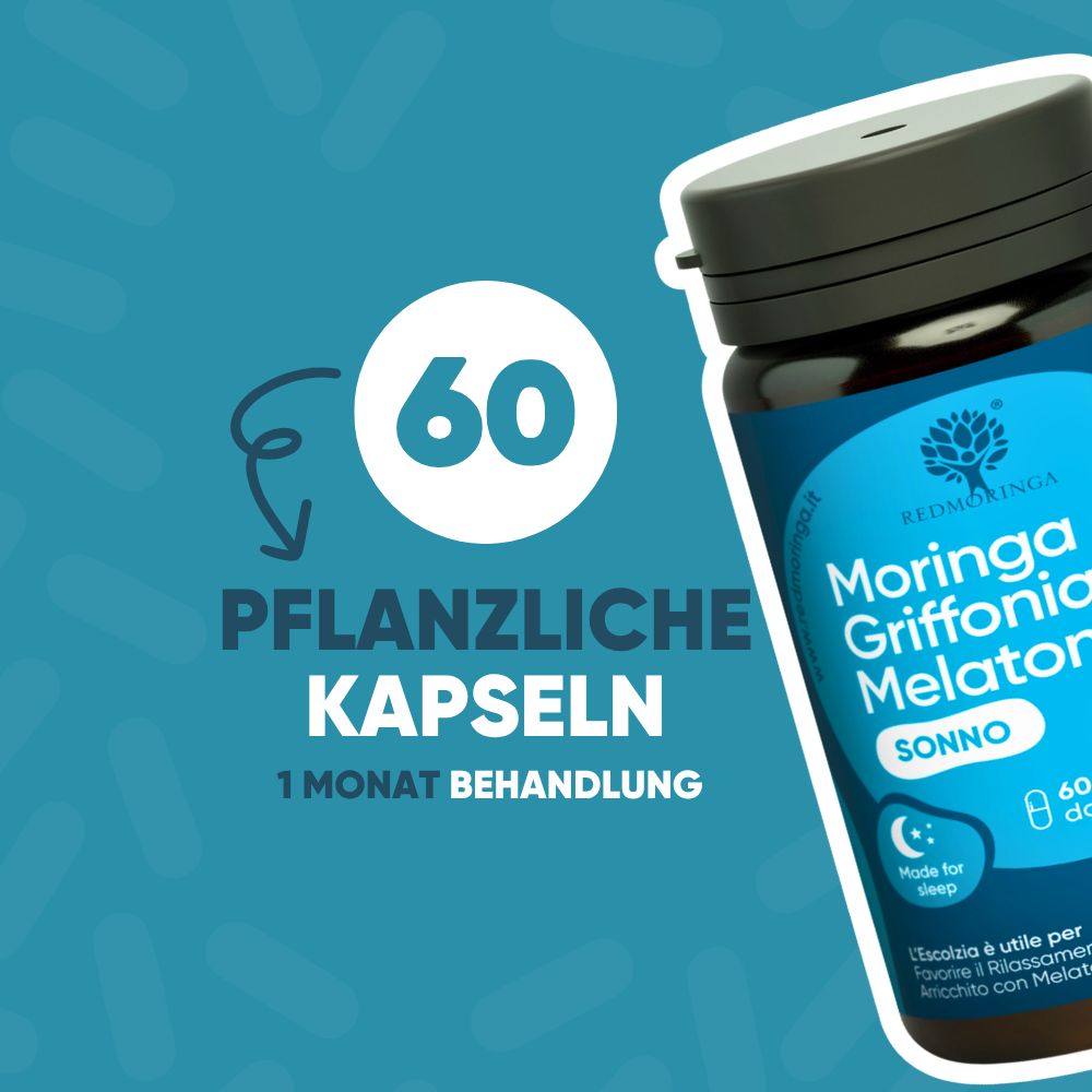 Flasche RedMoringa Moringa Griffonia e Melatonina. 60 Kapseln. Für besseren Schlaf.