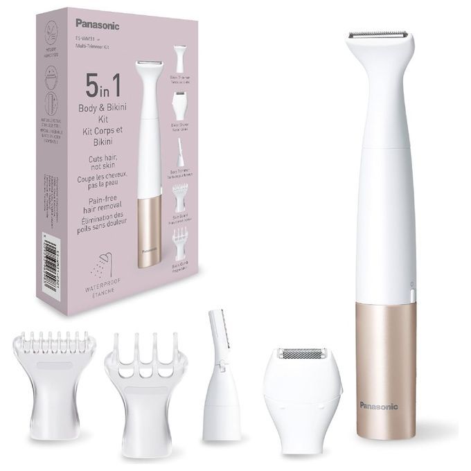 Trimmer mit Zubehör und Verpackung. Weiß-goldener Trimmer, Zubehörteile, rosa Verpackung. Marke: Panasonic.