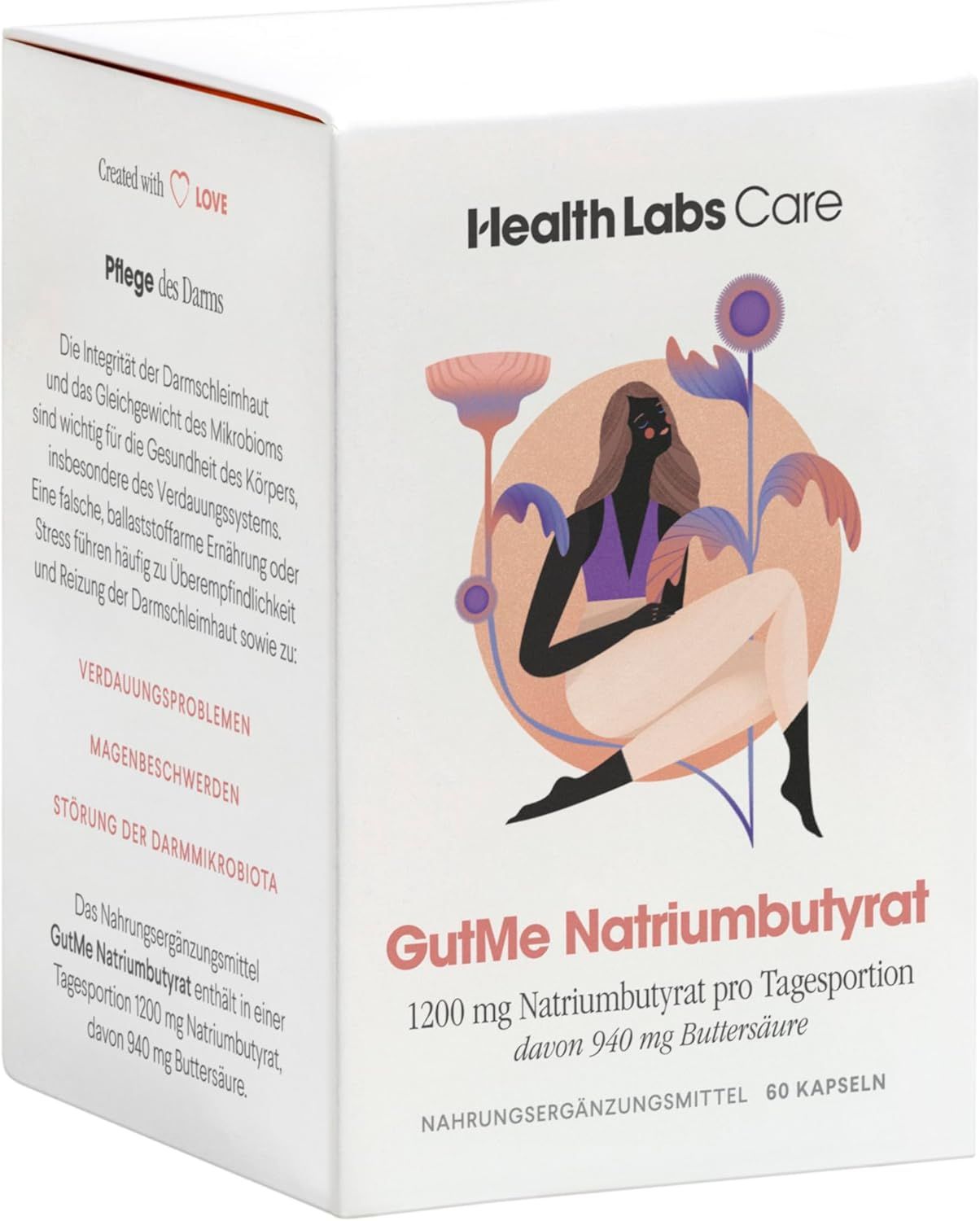 Weiße Produktverpackung. Aufschrift: Health Labs Care, GutMe Natriumbutyrat, 1200 mg pro Tagesportion, 60 Kapseln.