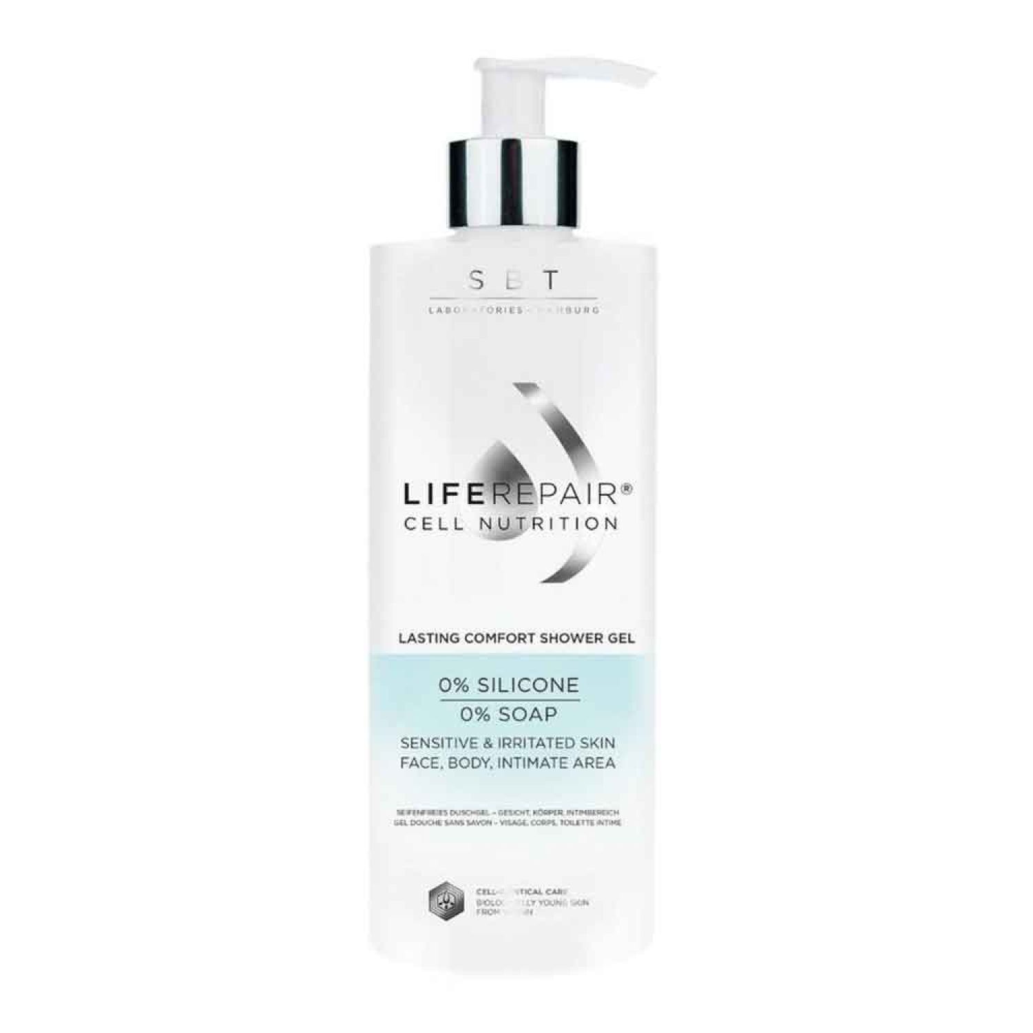 Weißer Spender mit silbernem Pumpkopf. Aufschrift: LIFE REPAIR CELL NUTRITION. Text: 0% SILICONE, 0% SOAP. Für sensible Haut.