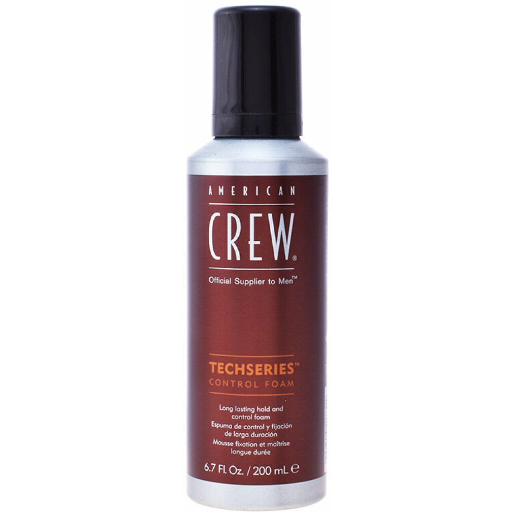 Zylindrische Dose mit schwarzem Deckel. Aufschrift: AMERICAN CREW, TECHSERIES CONTROL FOAM. Volumen: 200 ml.