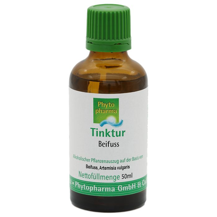 Braune Glasflasche mit grünem Verschluss. Aufkleber mit Text: Tinktur Beifuss, Phyto pharma. Nettofüllmenge 50ml.