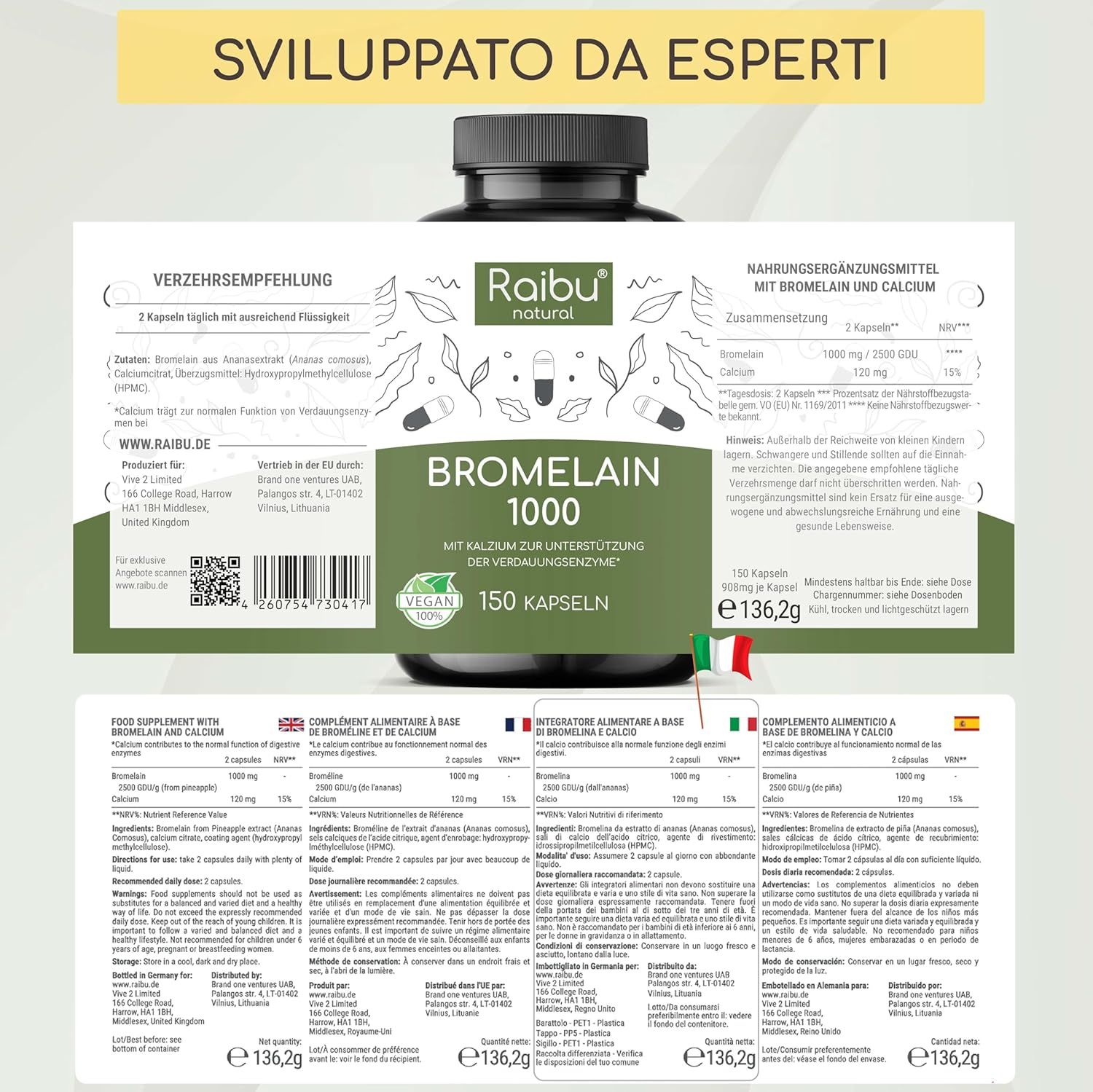 Etichetta del prodotto con informazioni. Scritta: Raibu natural, Bromelina 1000, 150 capsule. Sigillo vegano. Informazioni multilingue.