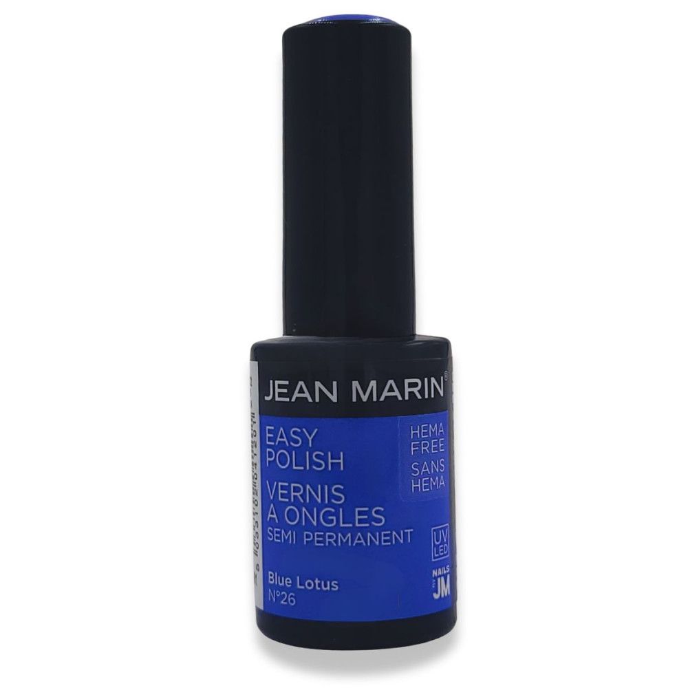 Blau lackierte Nagelflasche. Aufschrift: JEAN MARIN, EASY POLISH, VERNIS A ONGLES SEMI PERMANENT. Farbton: Blue Lotus N°26. HEMA Free.