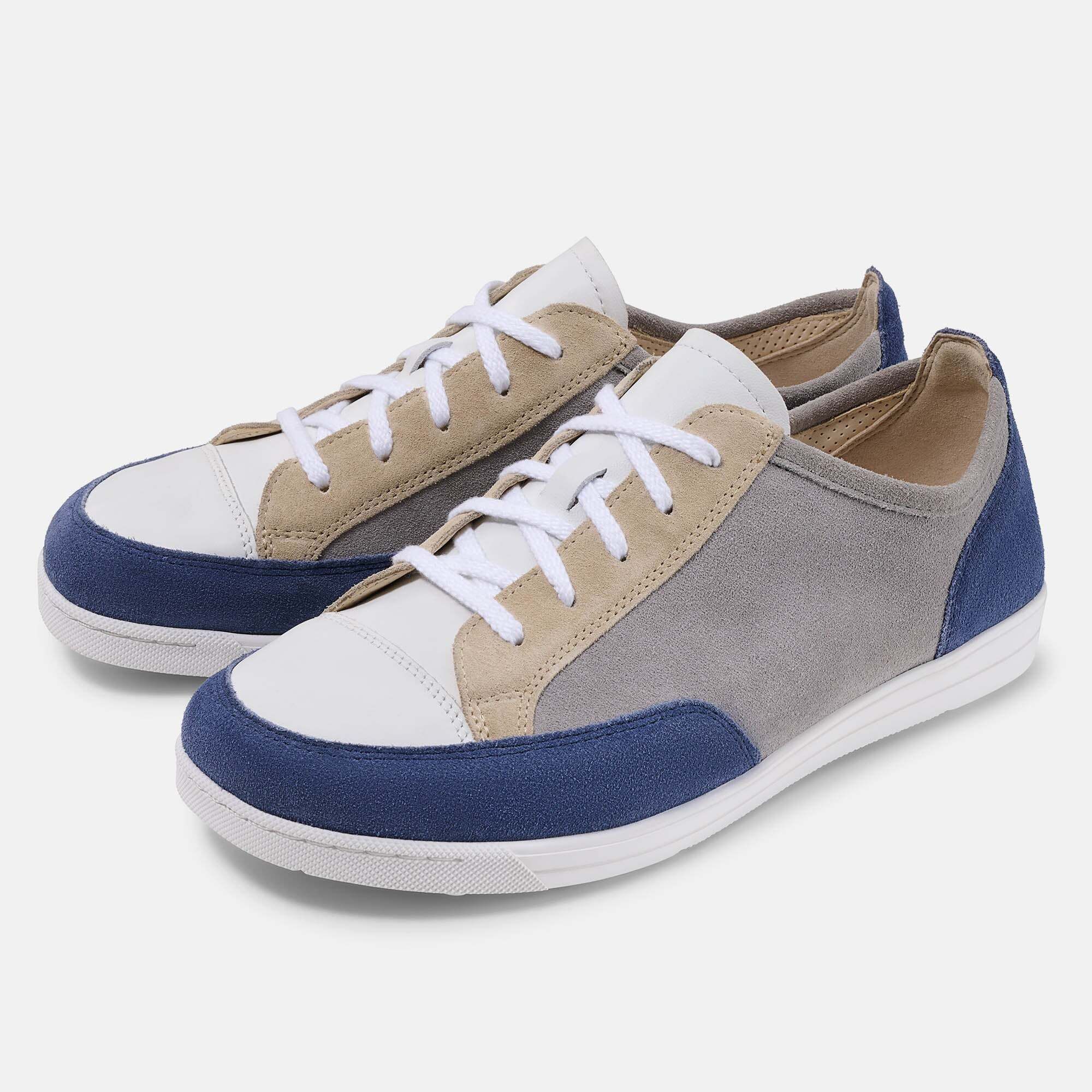 BÄR Schuhe Emma 2.0 Damen Schnürer, breit, Leder-Mix in Grau, Beige und Blau.