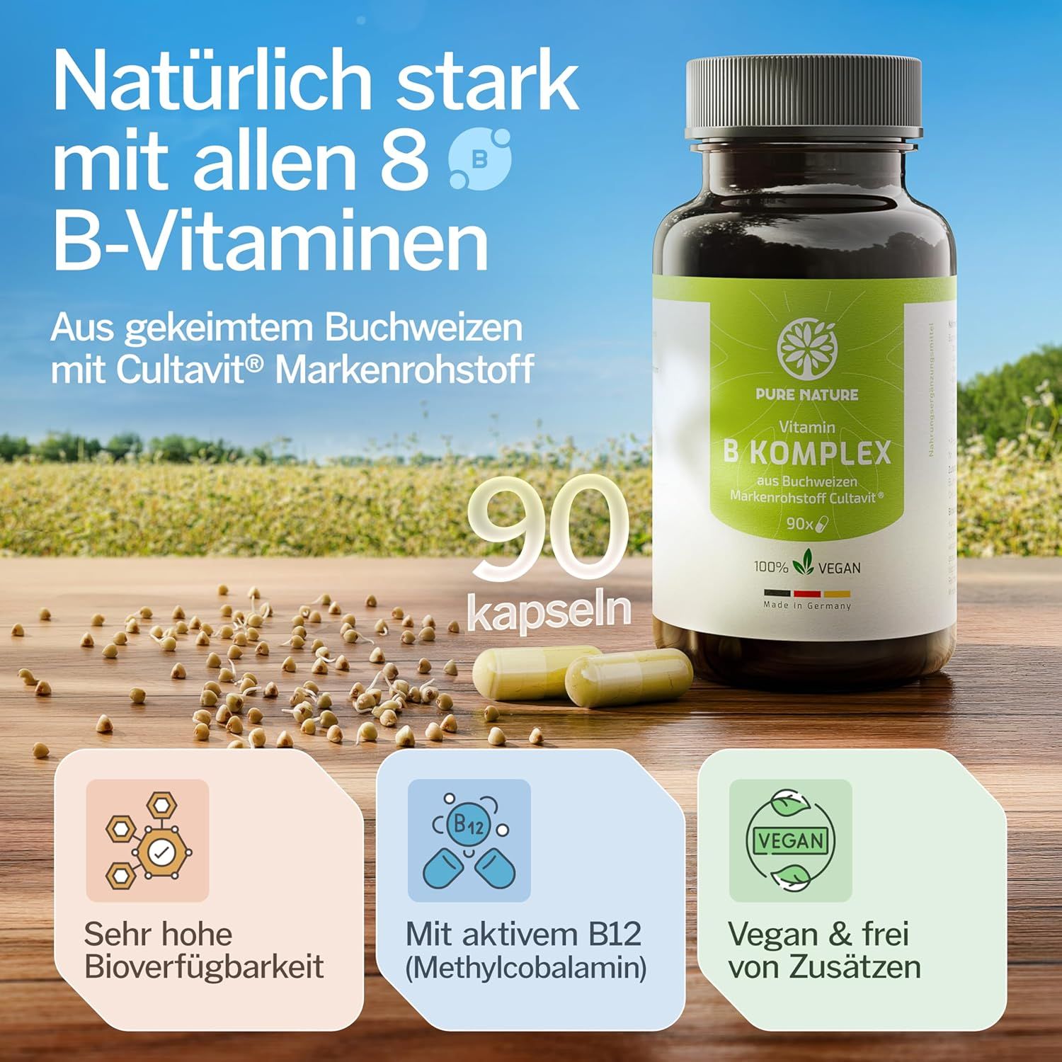 Produktflasche und Kapseln auf Untergrund mit Buchweizenkörnern. Text: Natürliche B-Vitamine, 90 Kapseln, vegan.