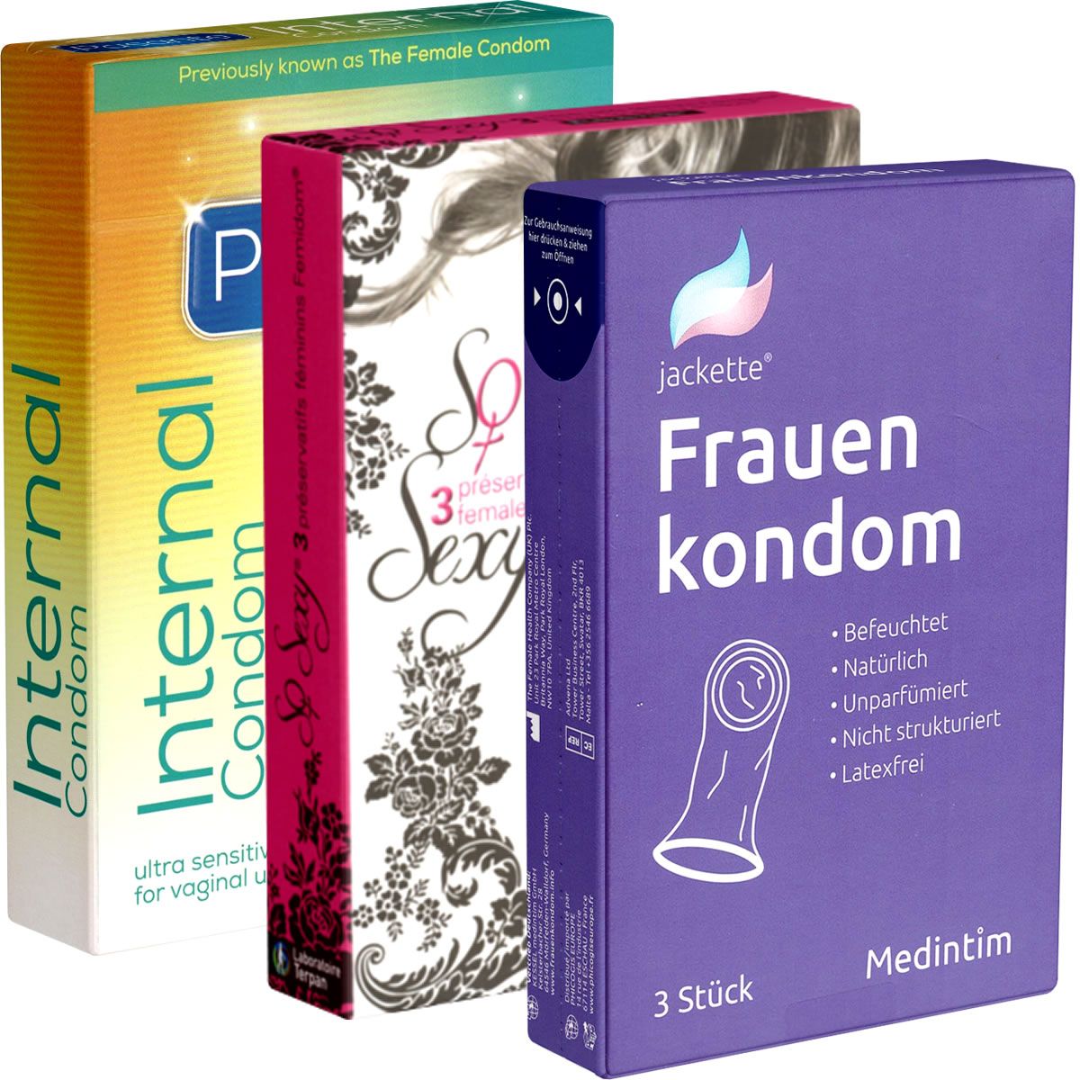 Drei Packungen Frauenkondome: Jackette, Internal und So Sexy. Verschiedene Designs und Aufschriften.