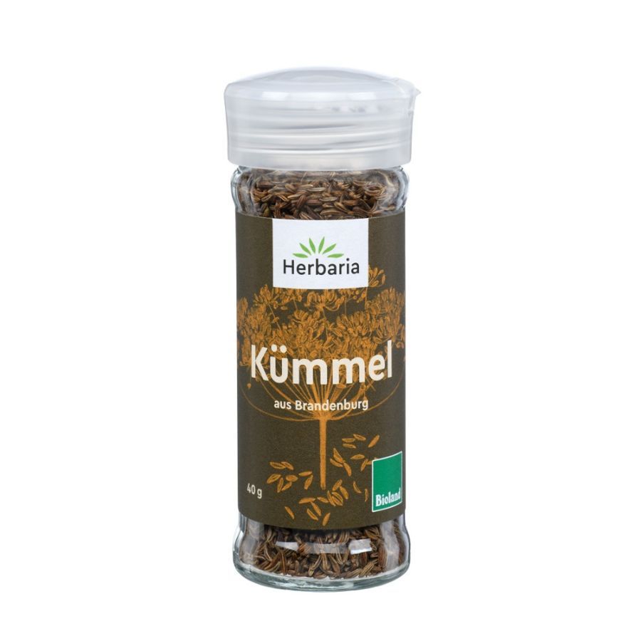 Glasflasche mit Kümmel. Etikett mit Herbaria-Logo, Kümmel-Schriftzug, Bio-Siegel. Deckel aus Kunststoff.