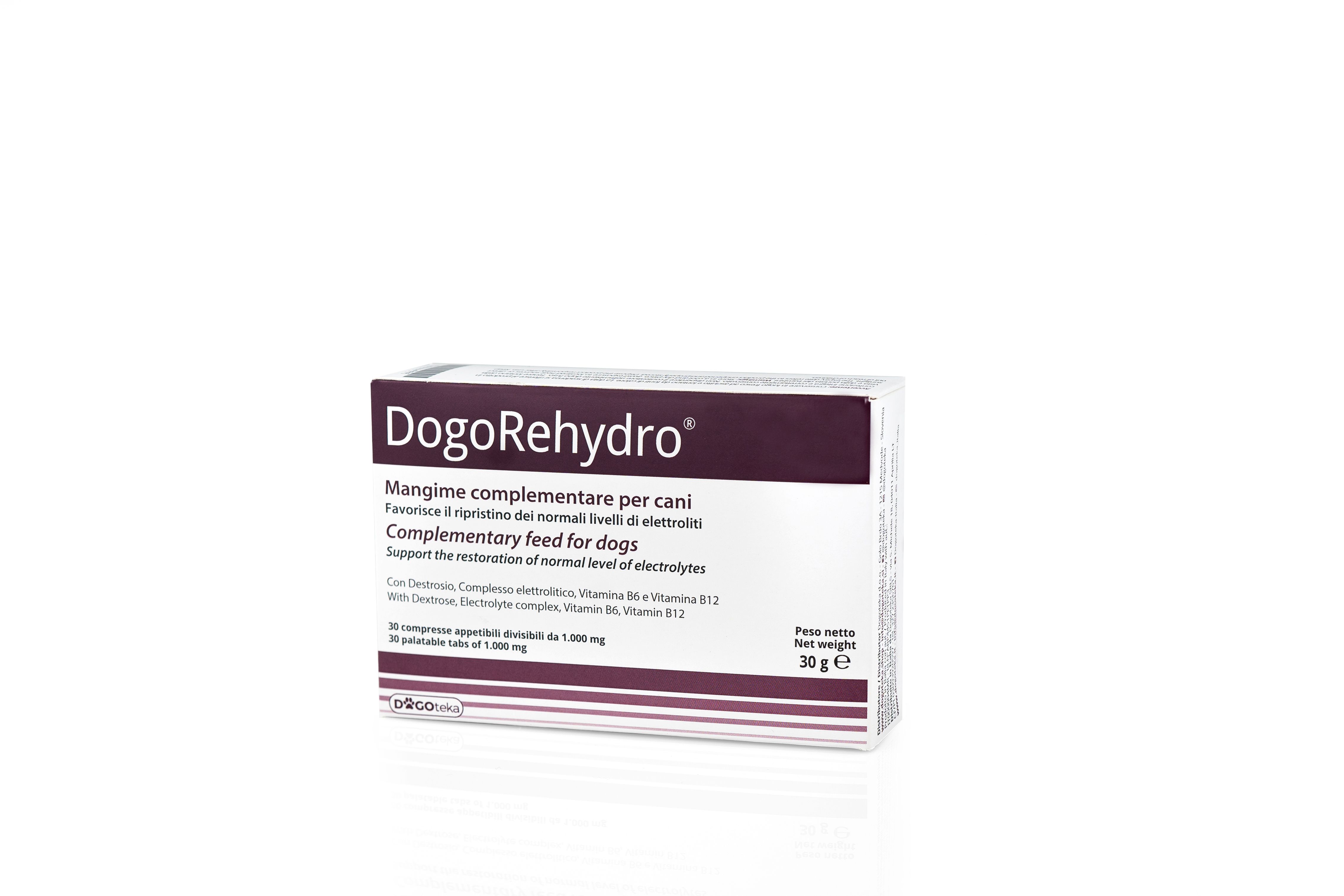 Karton mit "DogoRehydro"-Aufdruck. Ergänzungsfuttermittel für Hunde. Enthält Elektrolyte. 30 g.