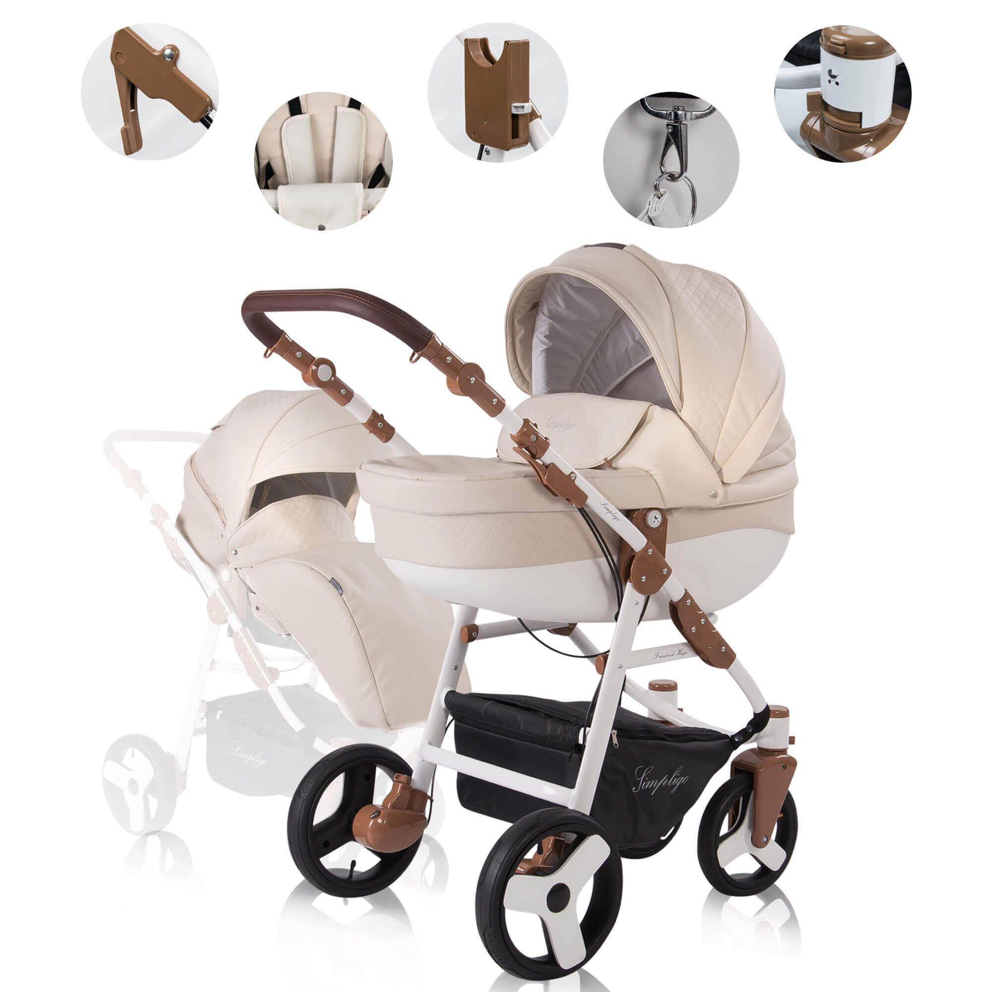 Kombikinderwagen, beige und weiß, mit braunen Akzenten. Luftreifen, Einkaufskorb. Details: Griff, Räder, Verdeck.
