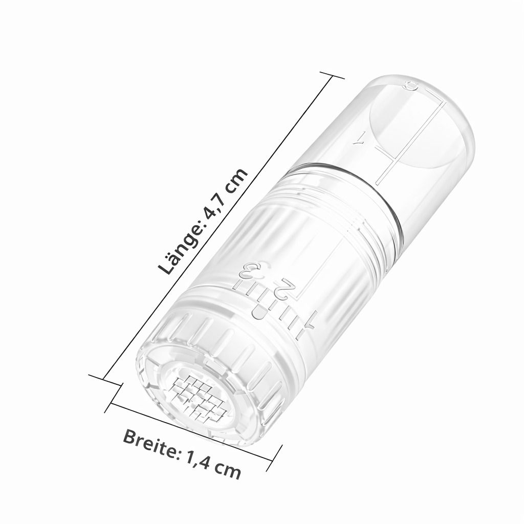 Microneedling-Nadel, transparent, zylindrisch, mit Skala. Maße: 4,7 cm Länge, 1,4 cm Breite.