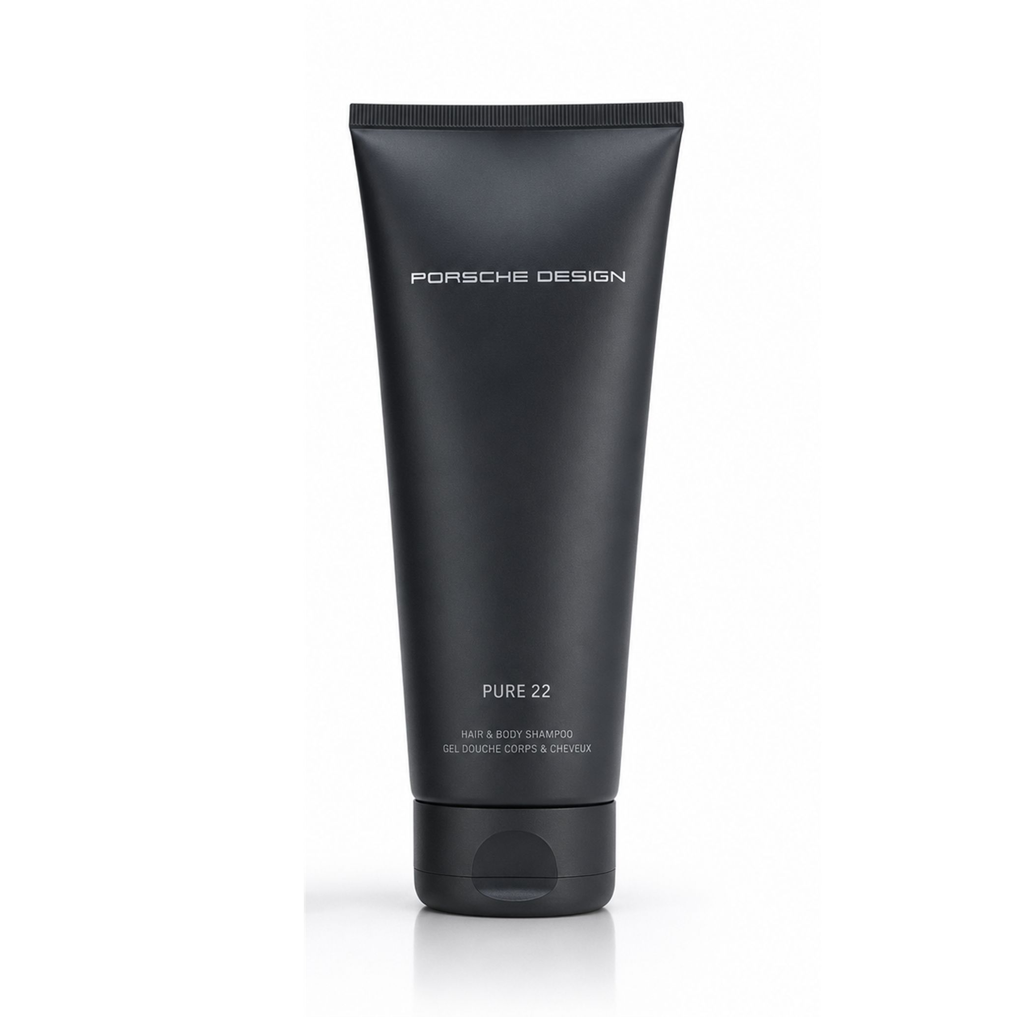 Schwarze Tube mit Porsche Design Schriftzug und "Pure 22 Hair & Body Shampoo" Aufdruck.