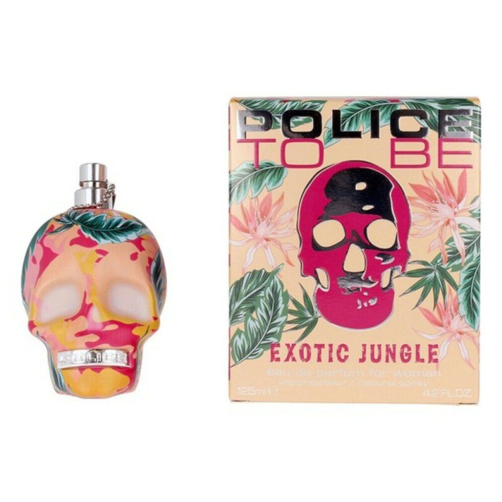 Parfümflakon in Schädelform und Verpackung. Aufschrift: Police To Be Exotic Jungle. Floral-Design.
