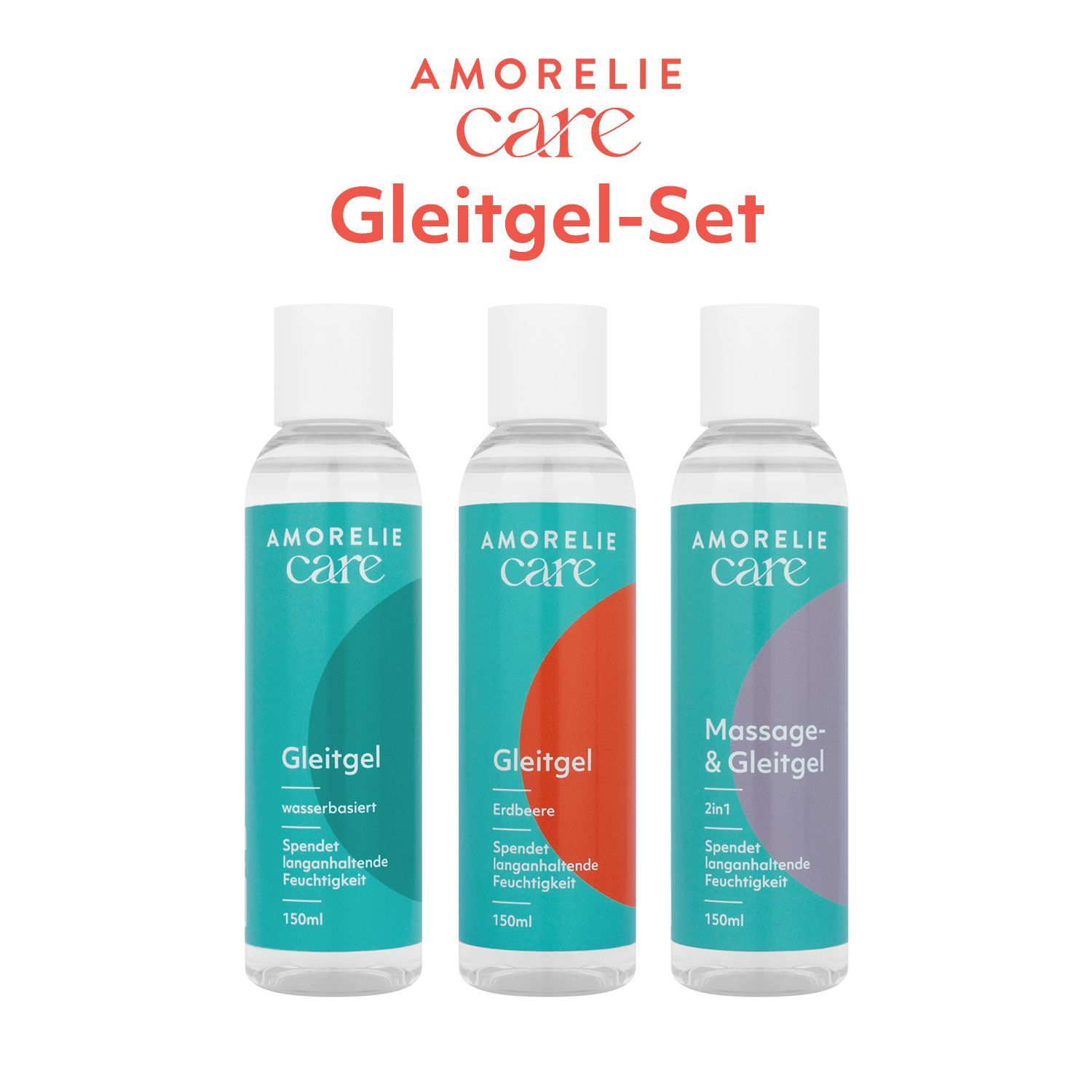 Drei Flaschen Gleitgel. AMORELIE Care. Verschiedene Sorten mit Beschriftung.