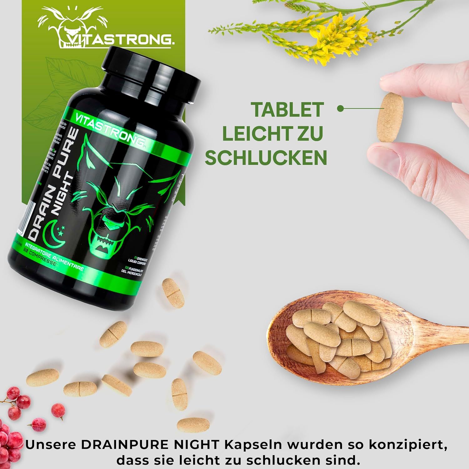 Vitastrong Drainpure Night. Tabletten auf einem Löffel. Text: Tabletten leicht zu schlucken. 60 Tabletten.